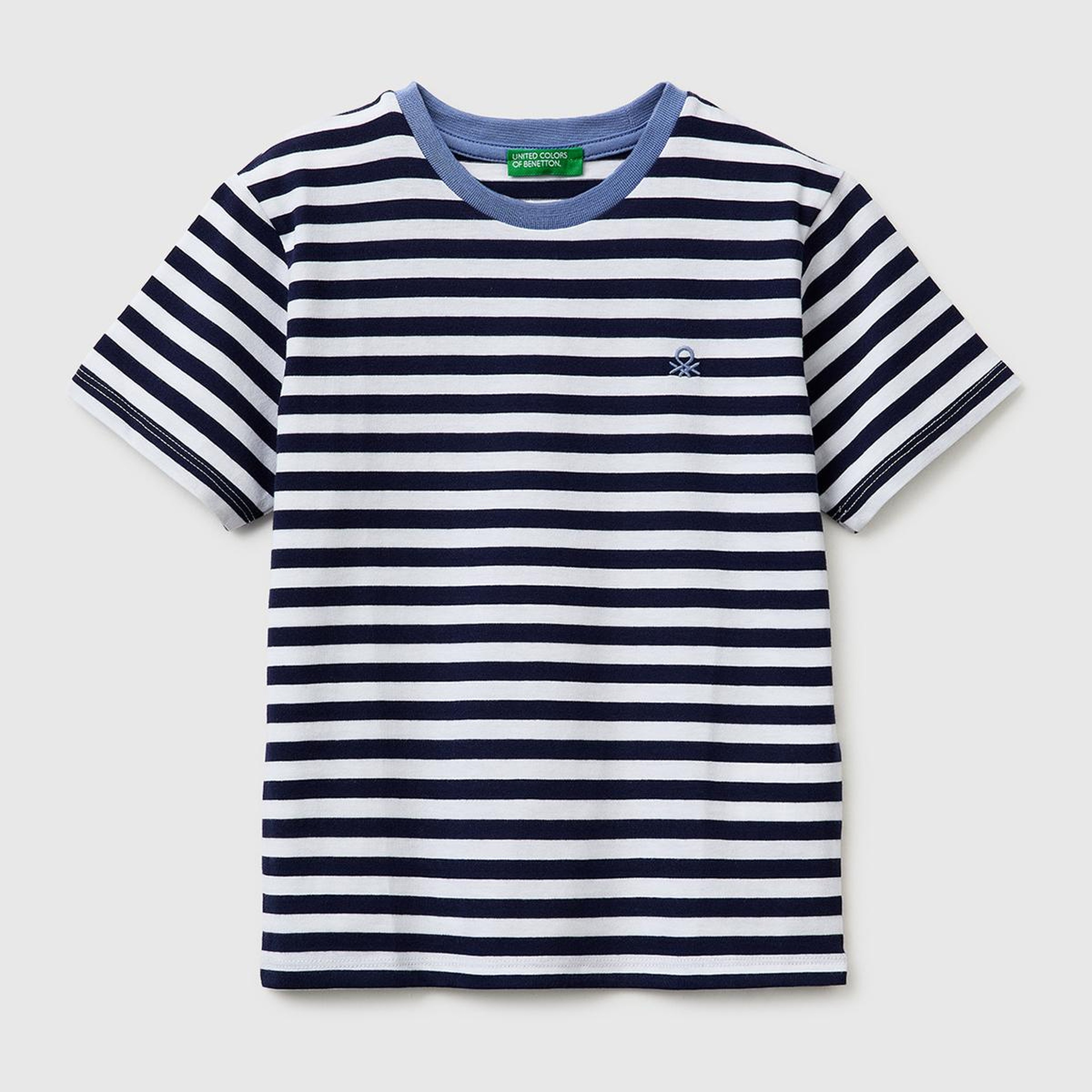 Erkek Çocuk Mavi Mix İplik Boyalı Logo İşlemeli Çizgili Bisiklet Yaka T-Shirt
