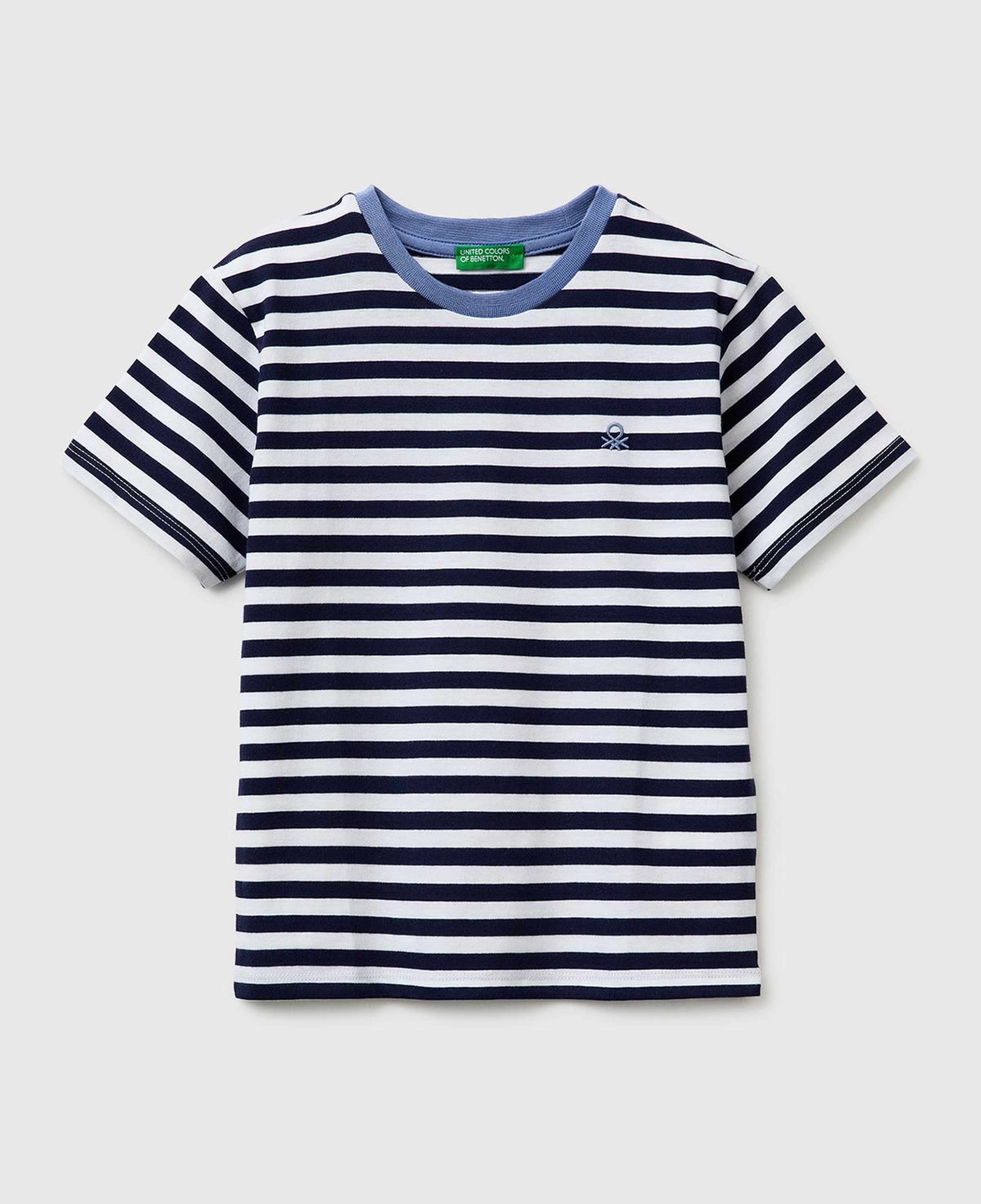 Erkek Çocuk Mavi Mix İplik Boyalı Logo İşlemeli Çizgili Bisiklet Yaka T-Shirt