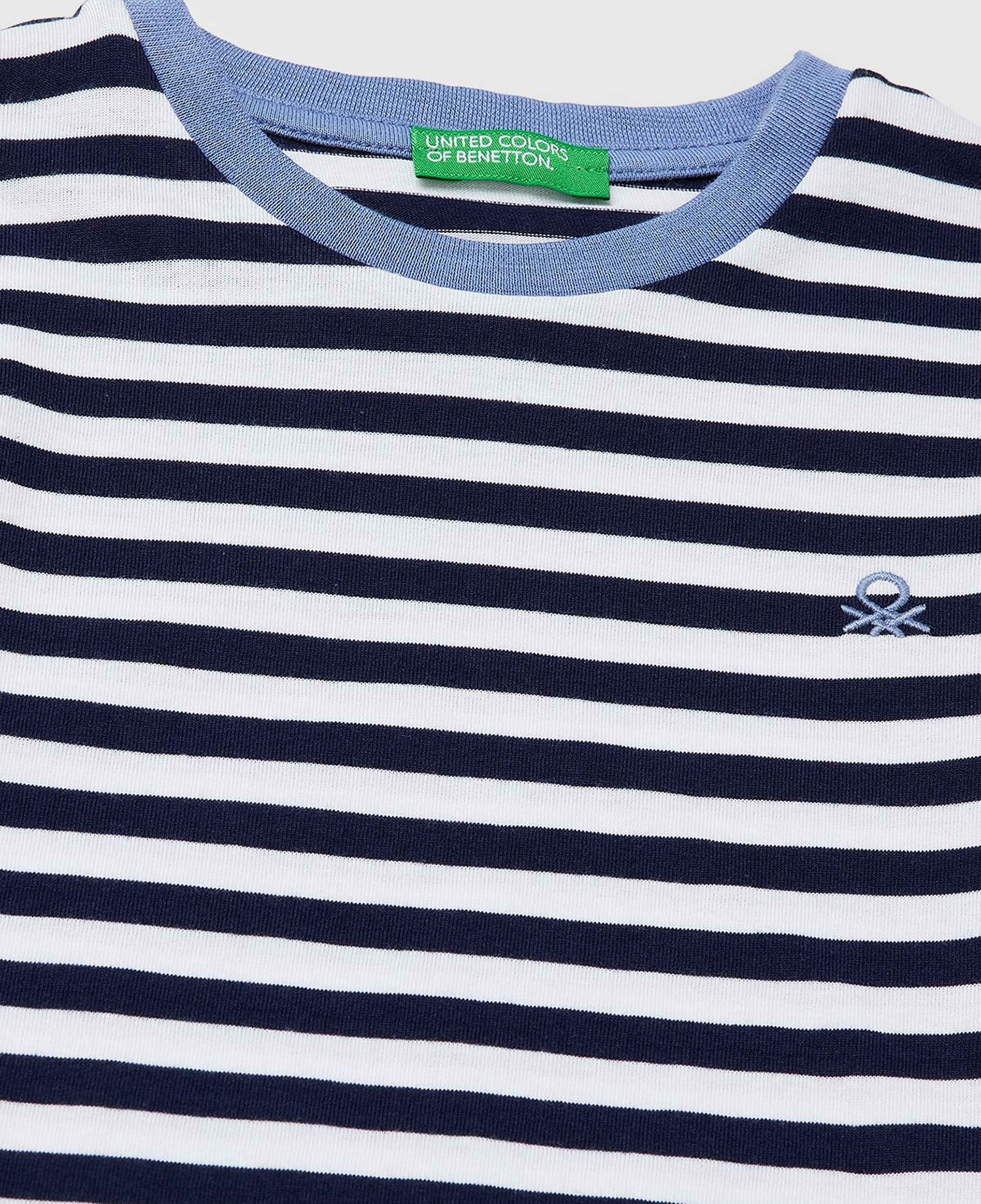 Erkek Çocuk Mavi Mix İplik Boyalı Logo İşlemeli Çizgili Bisiklet Yaka T-Shirt