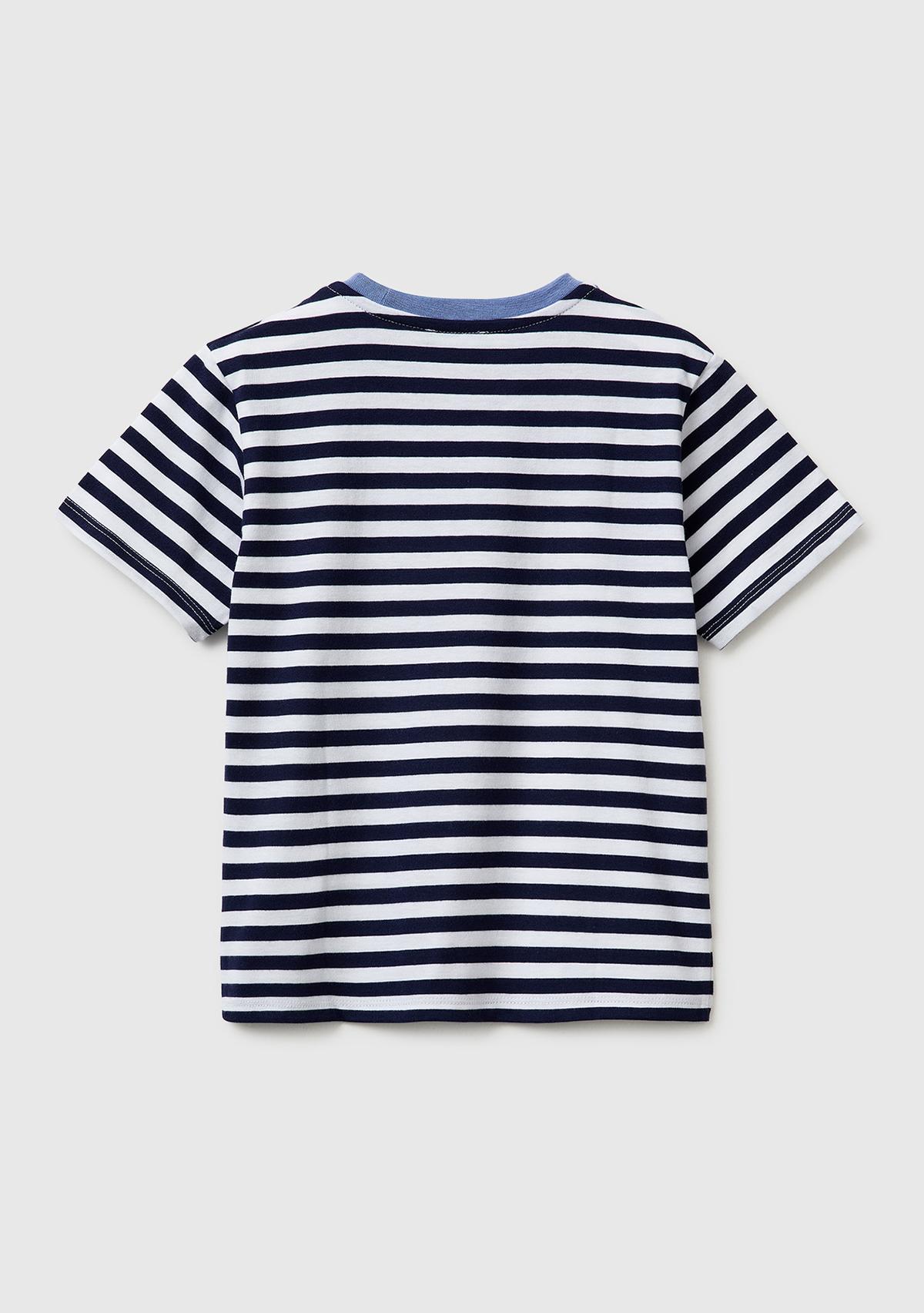 Erkek Çocuk Mavi Mix İplik Boyalı Logo İşlemeli Çizgili Bisiklet Yaka T-Shirt