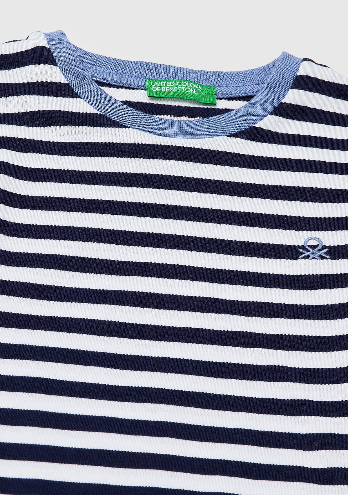 Erkek Çocuk Mavi Mix İplik Boyalı Logo İşlemeli Çizgili Bisiklet Yaka T-Shirt