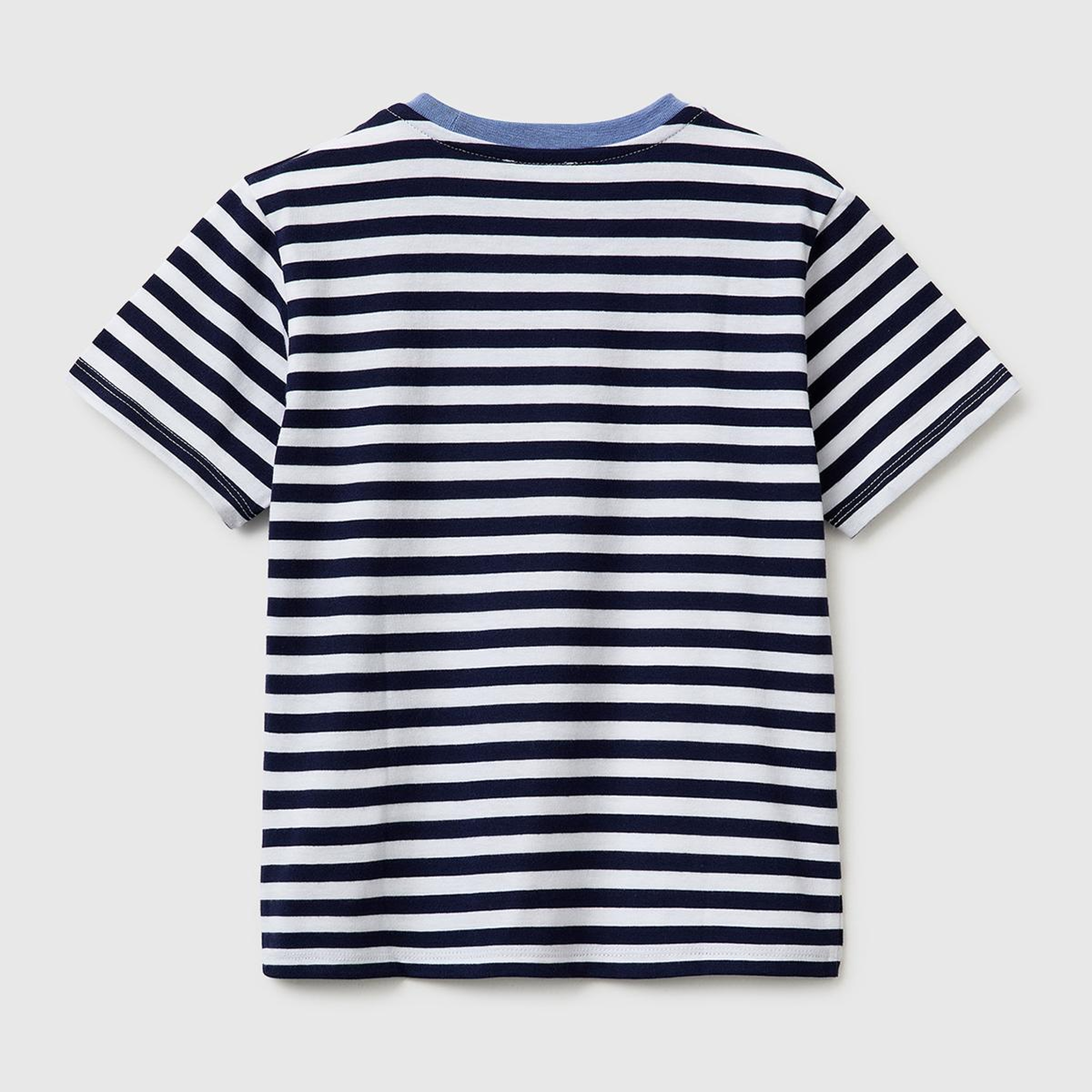 Erkek Çocuk Mavi Mix İplik Boyalı Logo İşlemeli Çizgili Bisiklet Yaka T-Shirt