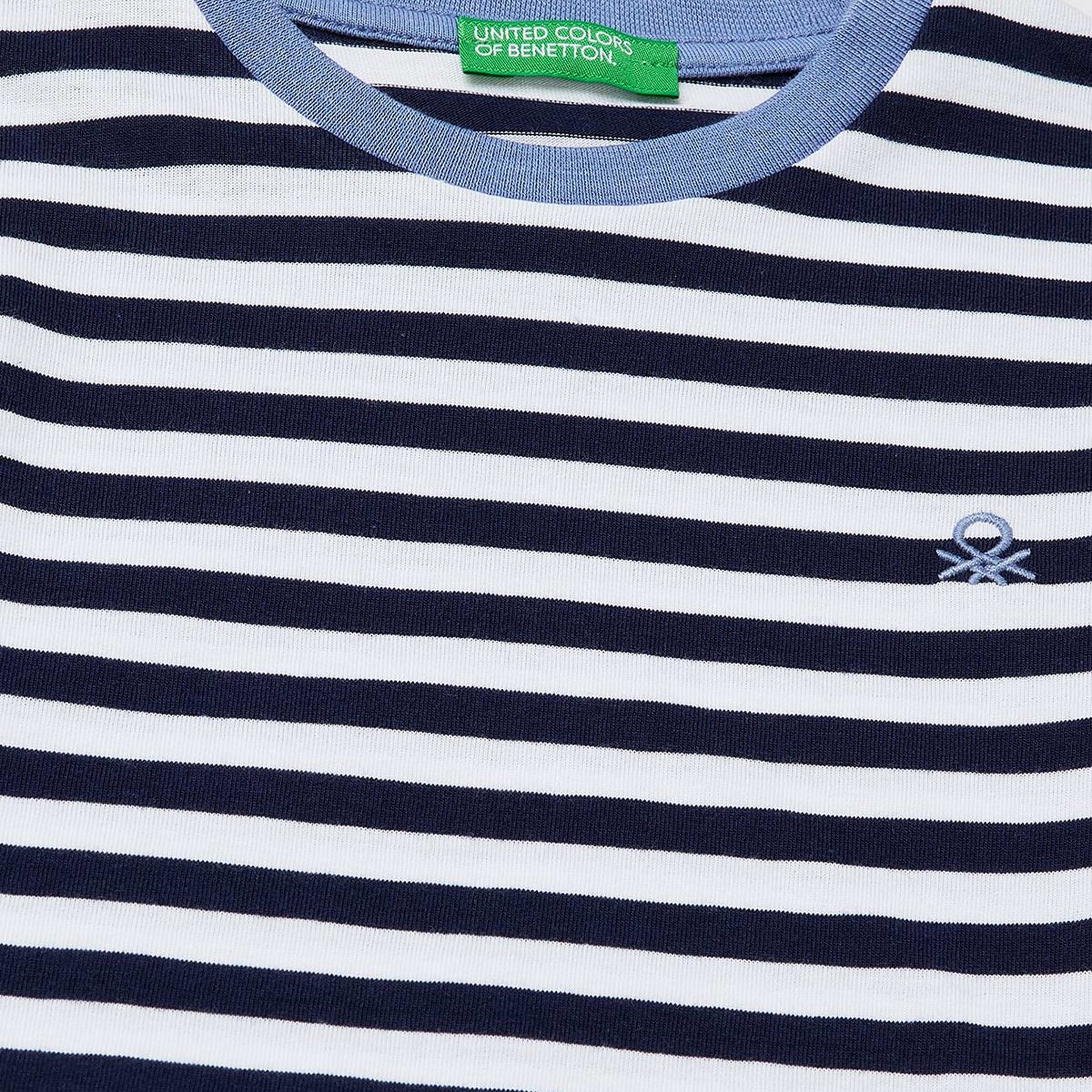 Erkek Çocuk Mavi Mix İplik Boyalı Logo İşlemeli Çizgili Bisiklet Yaka T-Shirt