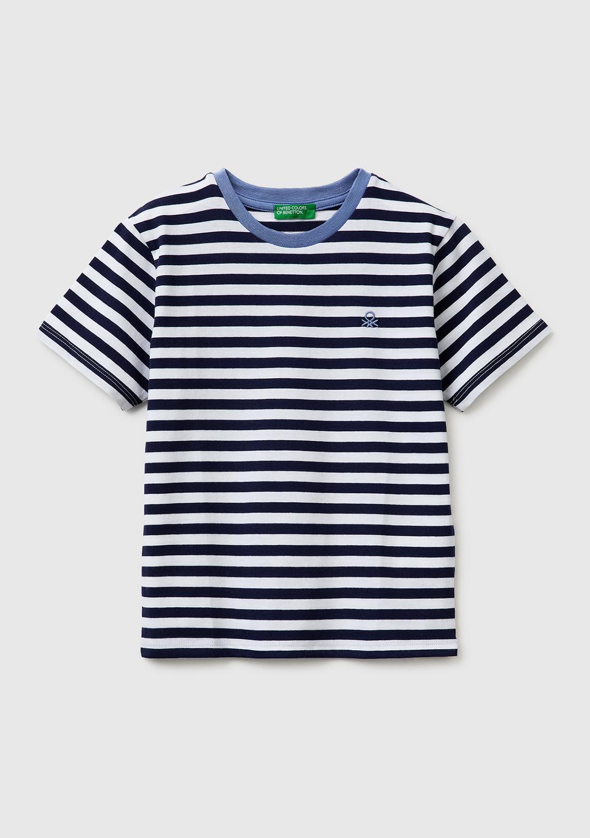 Erkek Çocuk Mavi Mix İplik Boyalı Logo İşlemeli Çizgili Bisiklet Yaka T-Shirt
