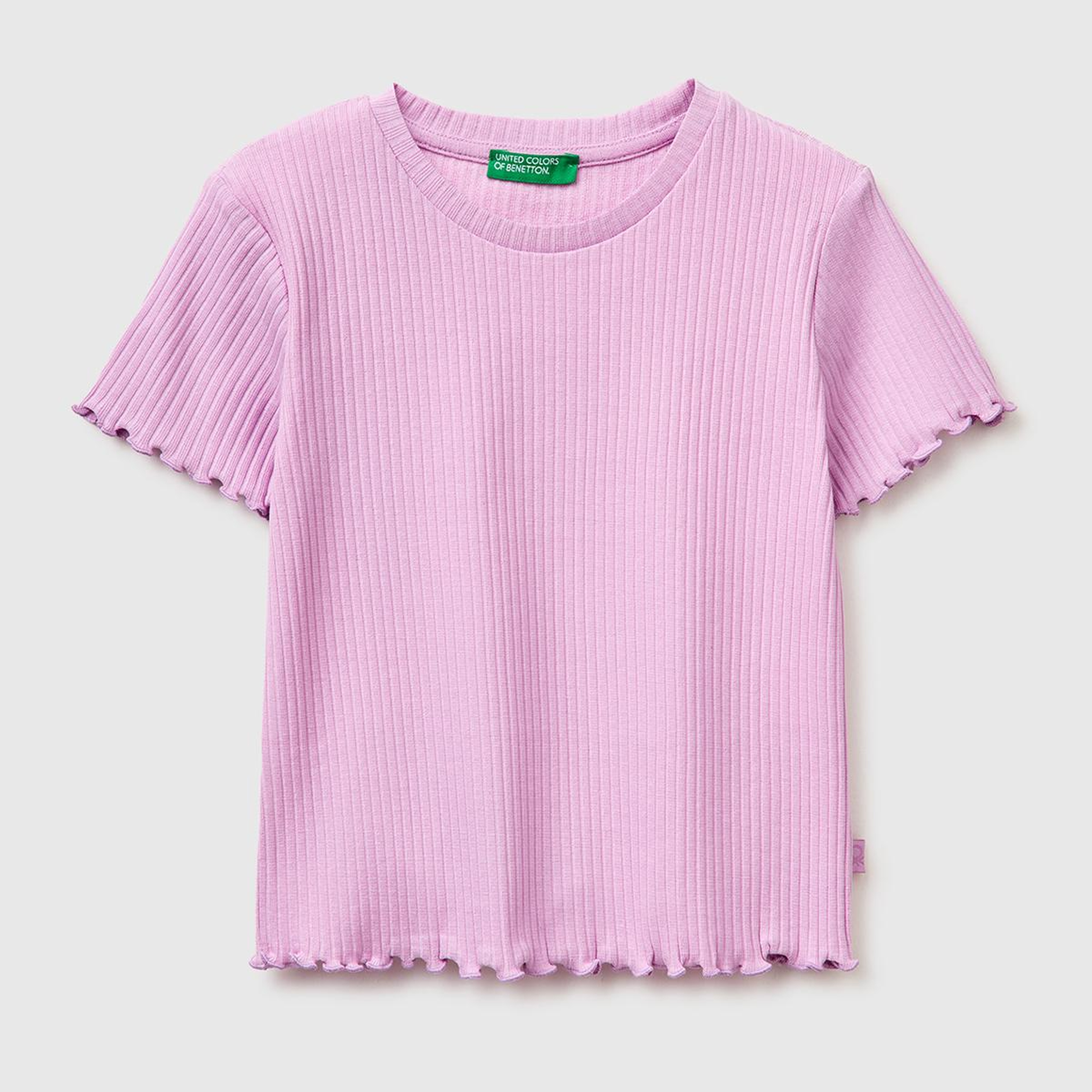 Kız Çocuk Pembe Etek Ucu Fırfırlı Bisiklet Yaka Kısa Kollu T-Shirt
