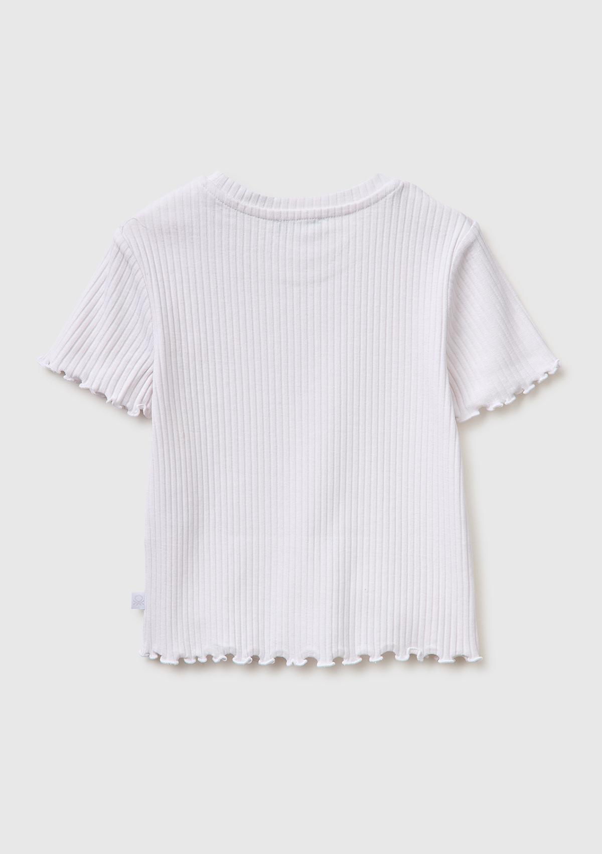 Kız Çocuk Beyaz Etek Ucu Fırfırlı Bisiklet Yaka Kısa Kollu T-Shirt