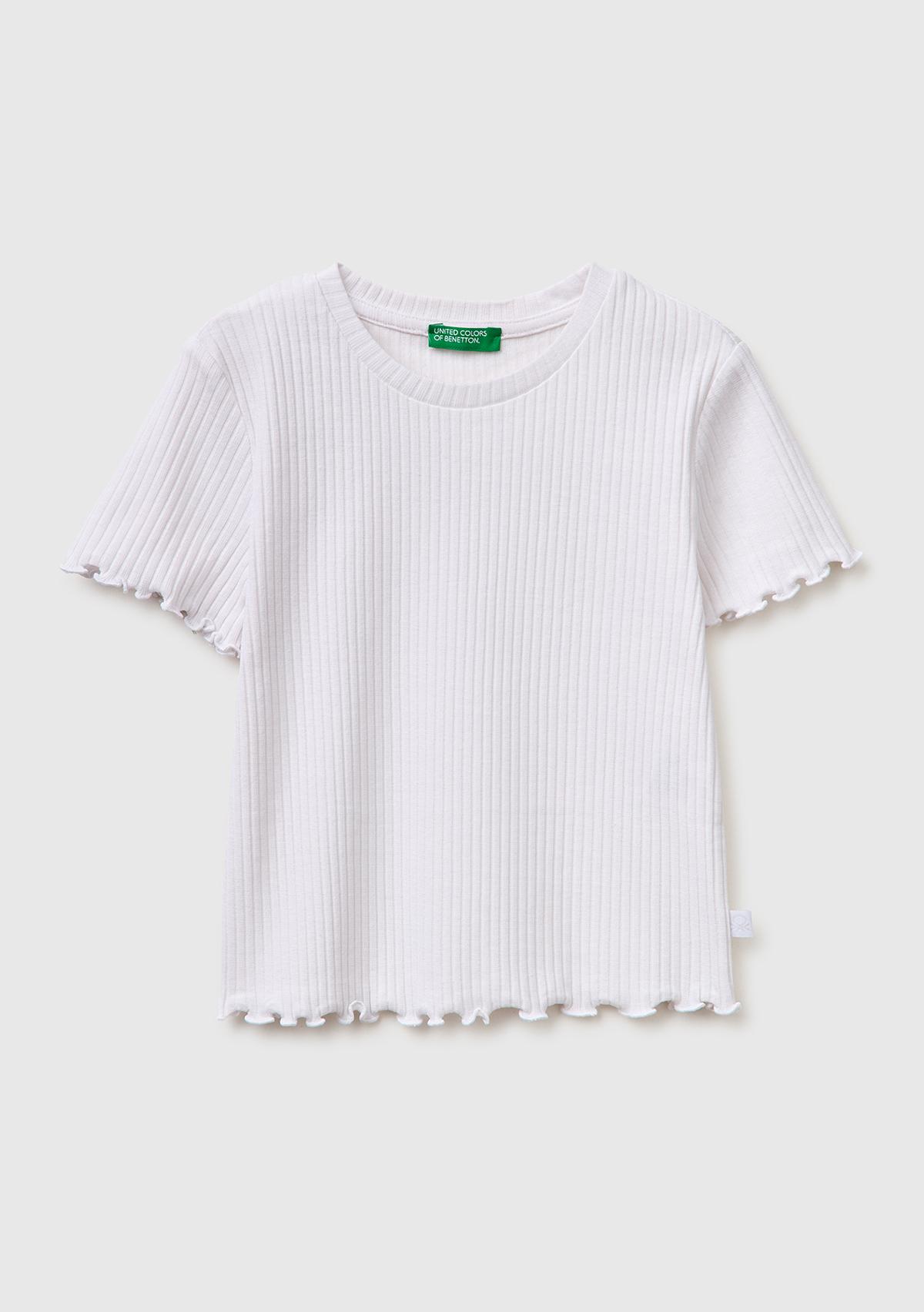 Kız Çocuk Beyaz Etek Ucu Fırfırlı Bisiklet Yaka Kısa Kollu T-Shirt