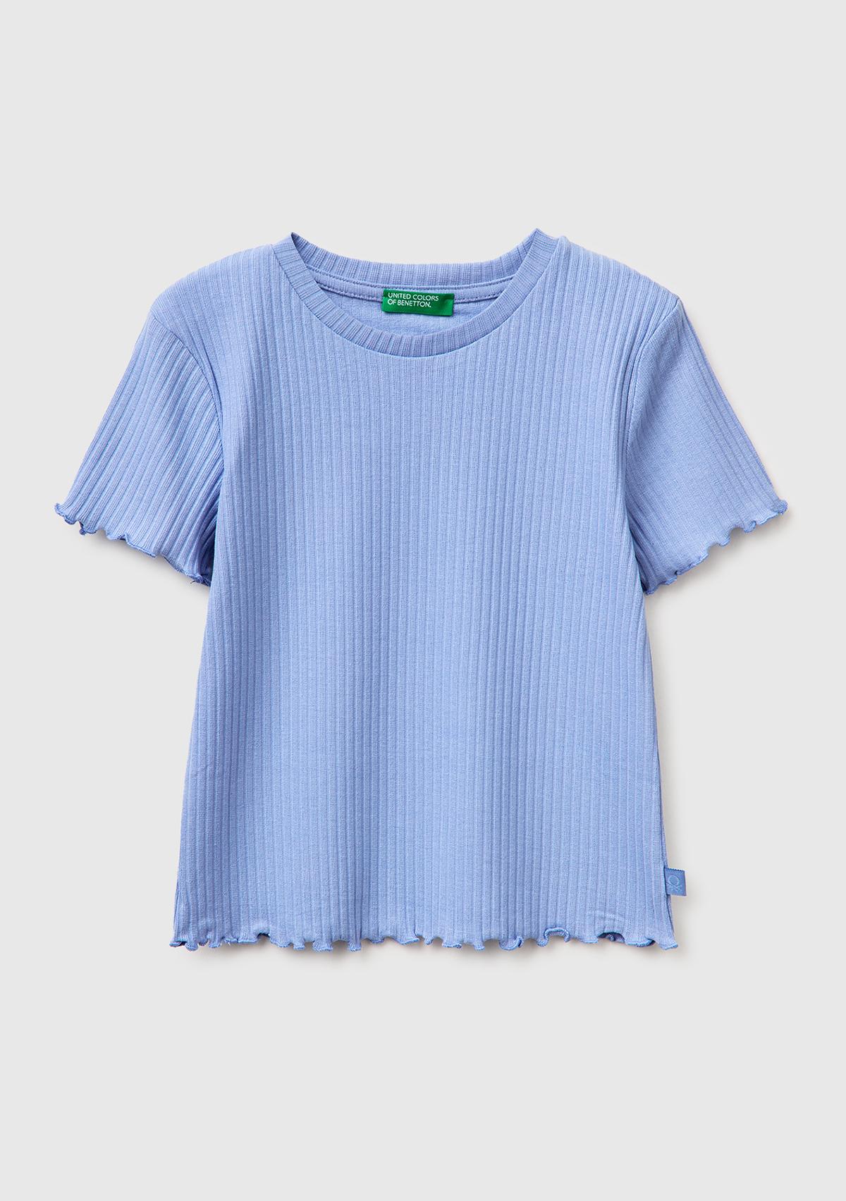 Kız Çocuk Havacı Mavi Etek Ucu Fırfırlı Bisiklet Yaka Kısa Kollu T-Shirt