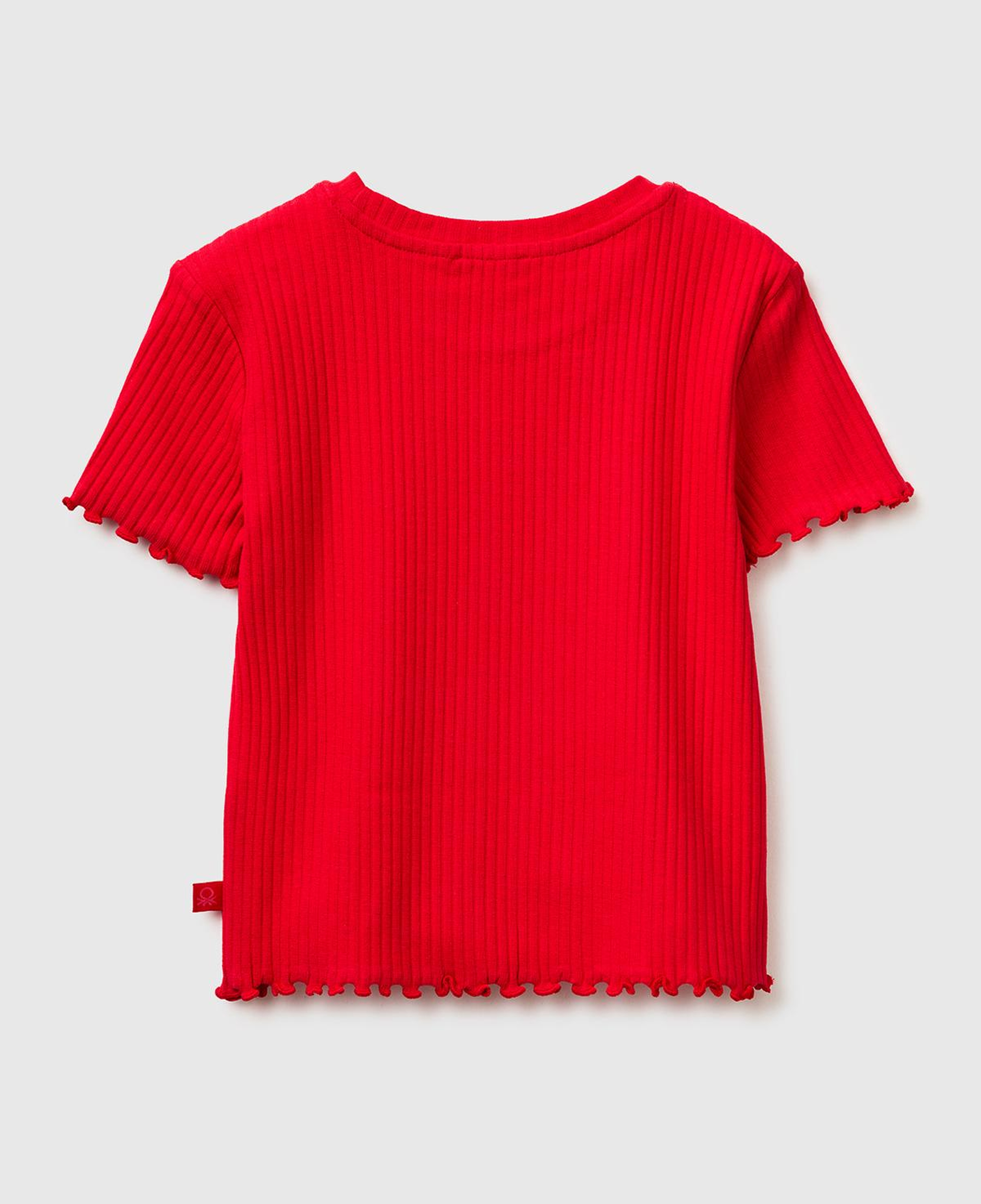 Kız Çocuk Kırmızı Etek Ucu Fırfırlı Bisiklet Yaka Kısa Kollu T-Shirt