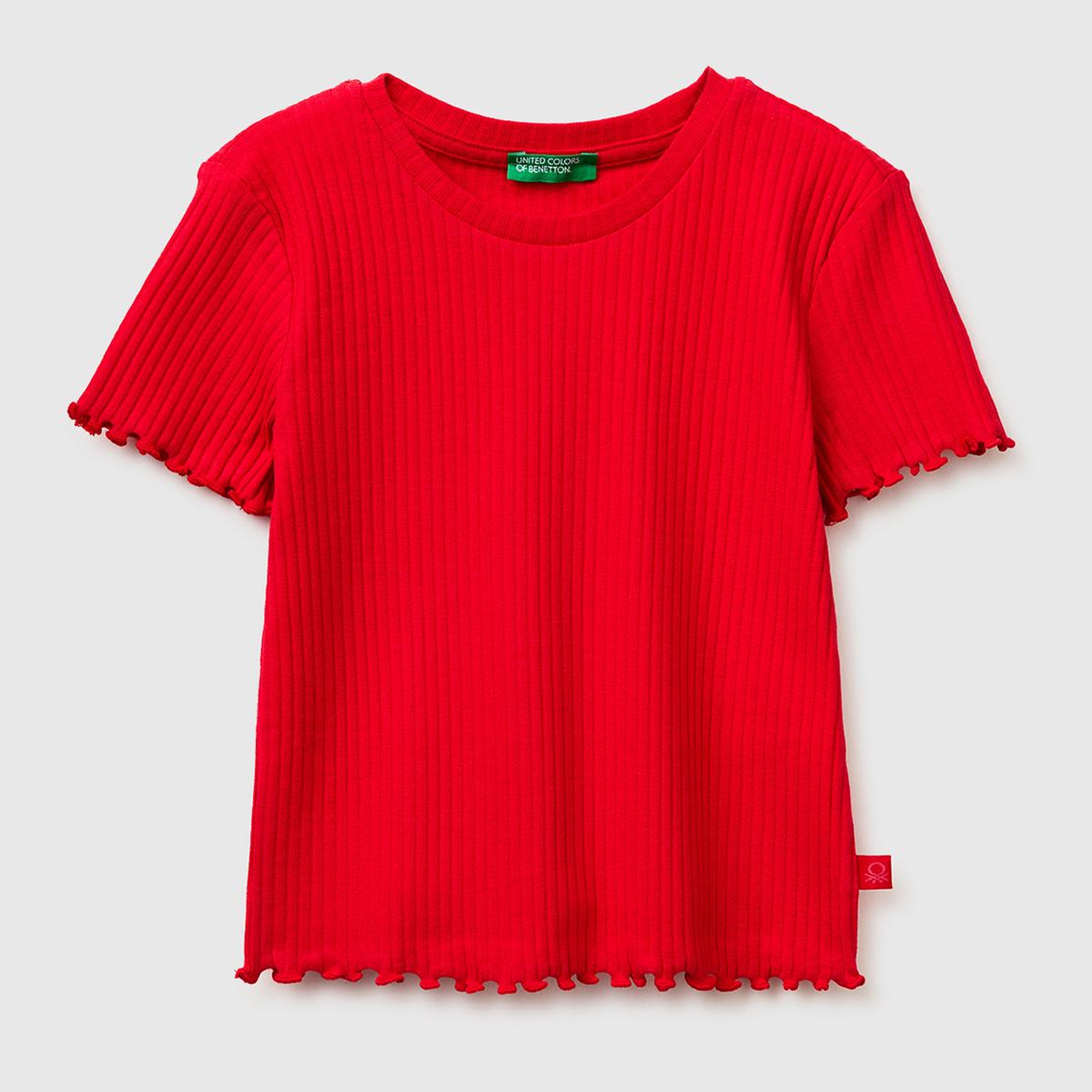 Kız Çocuk Kırmızı Etek Ucu Fırfırlı Bisiklet Yaka Kısa Kollu T-Shirt