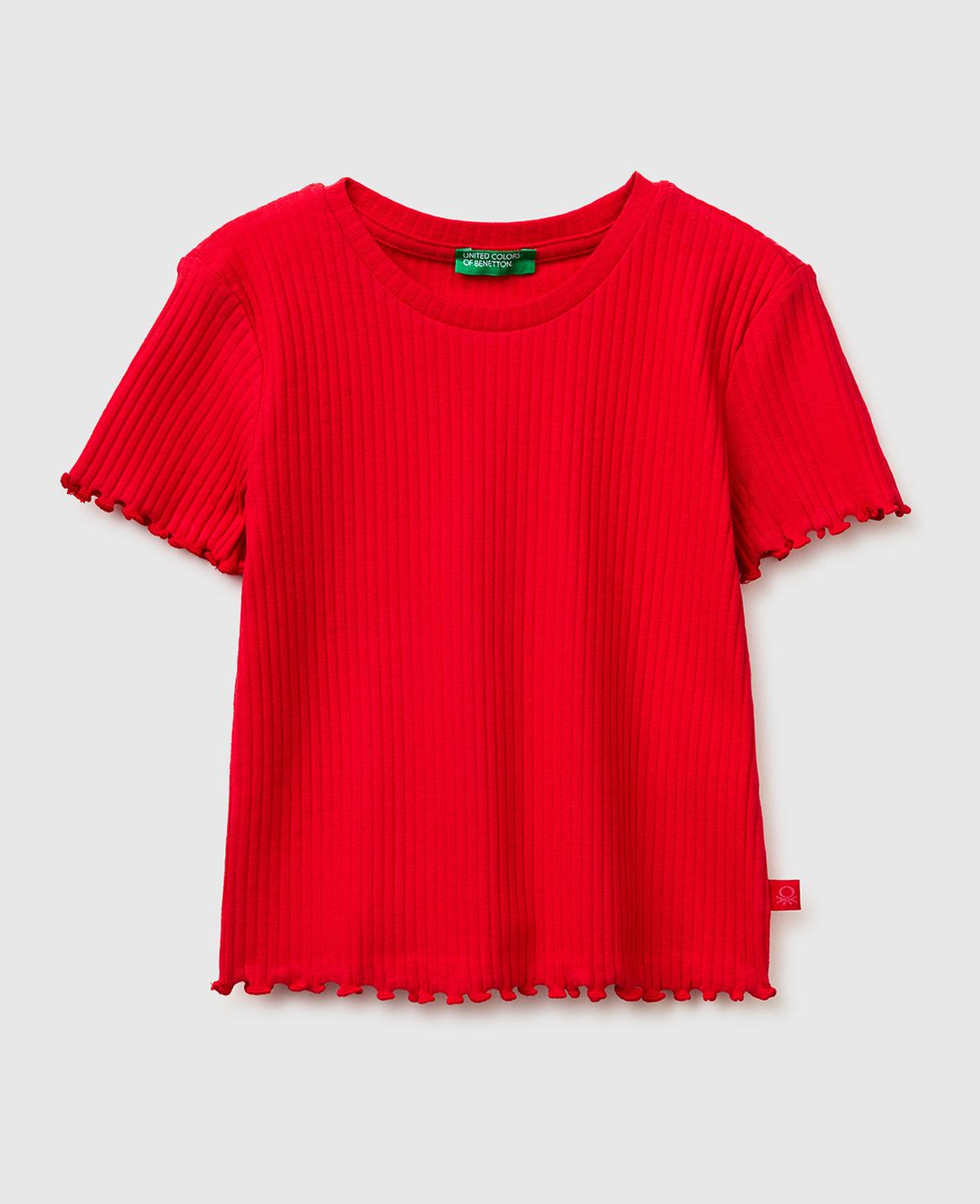 Kız Çocuk Kırmızı Etek Ucu Fırfırlı Bisiklet Yaka Kısa Kollu T-Shirt