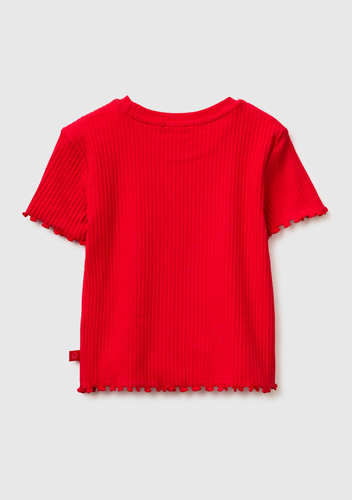 Kız Çocuk Kırmızı Etek Ucu Fırfırlı Bisiklet Yaka Kısa Kollu T-Shirt
