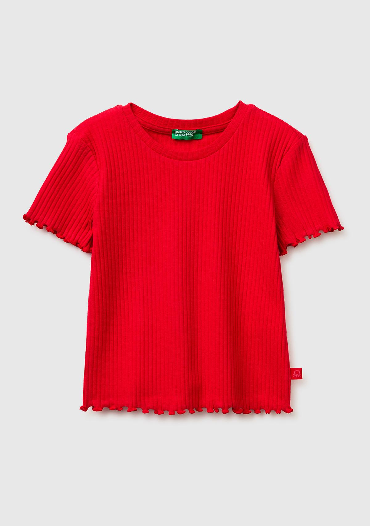 Kız Çocuk Kırmızı Etek Ucu Fırfırlı Bisiklet Yaka Kısa Kollu T-Shirt