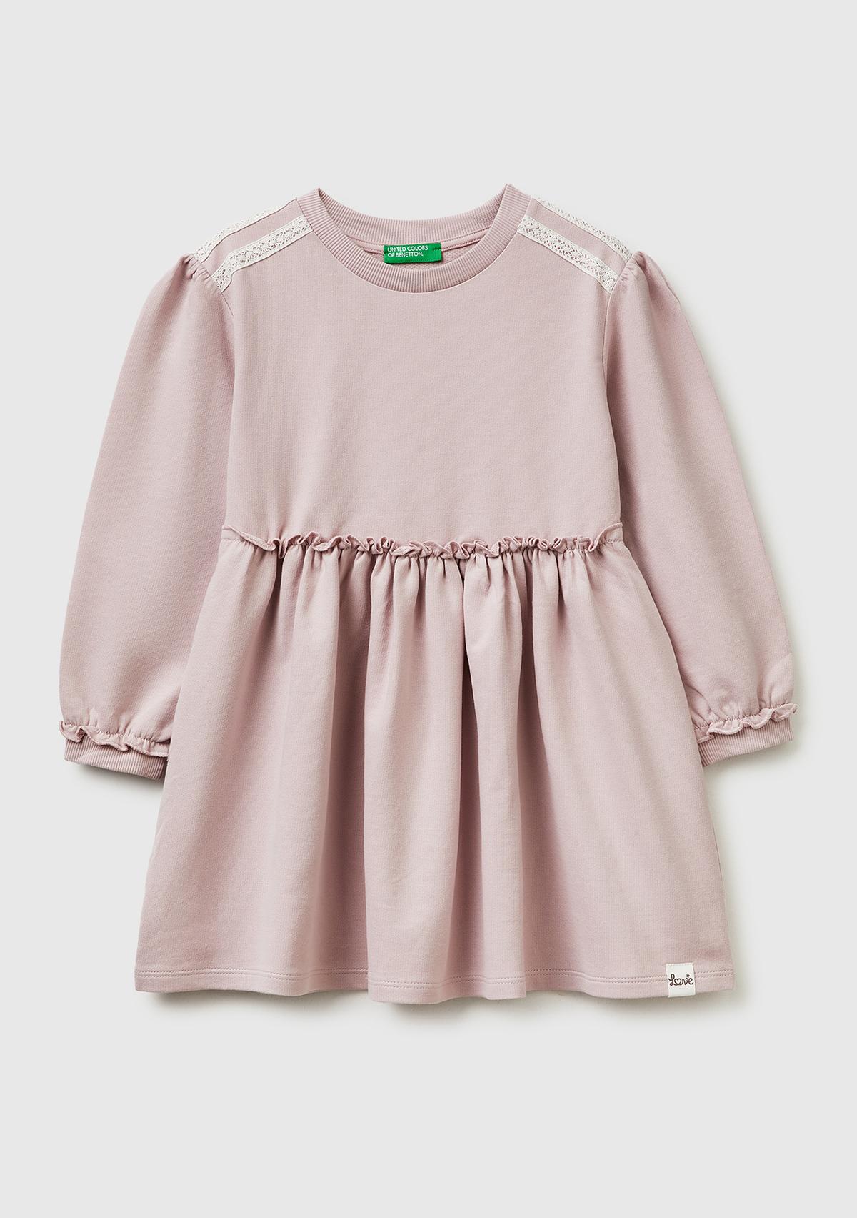Kız Çocuk Gül Kurusu Kurdele Detaylı Bisiklet Yaka Sweatshirt Elbise