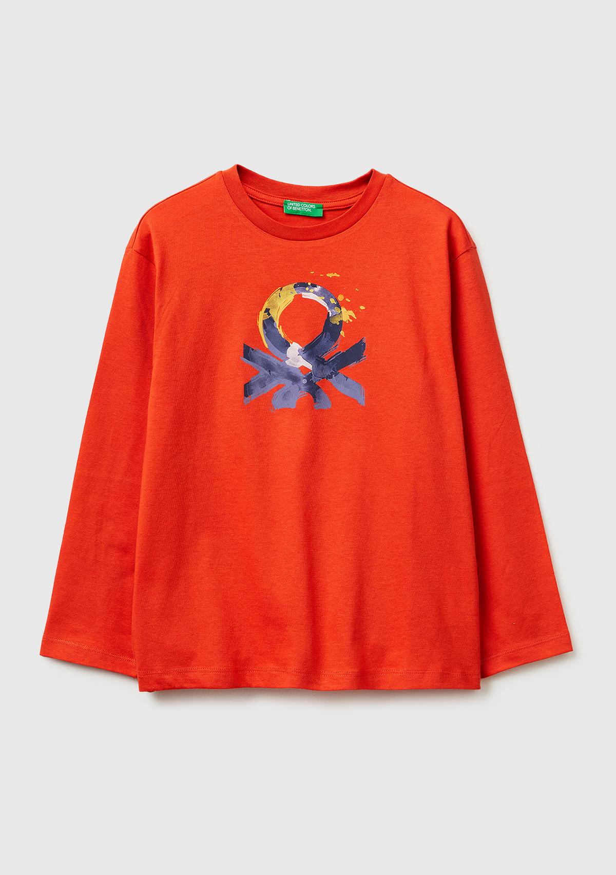 Erkek Çocuk Kırmızı Önü Logo Baskılı Bisiklet Yaka Uzun Kollu T-Shirt