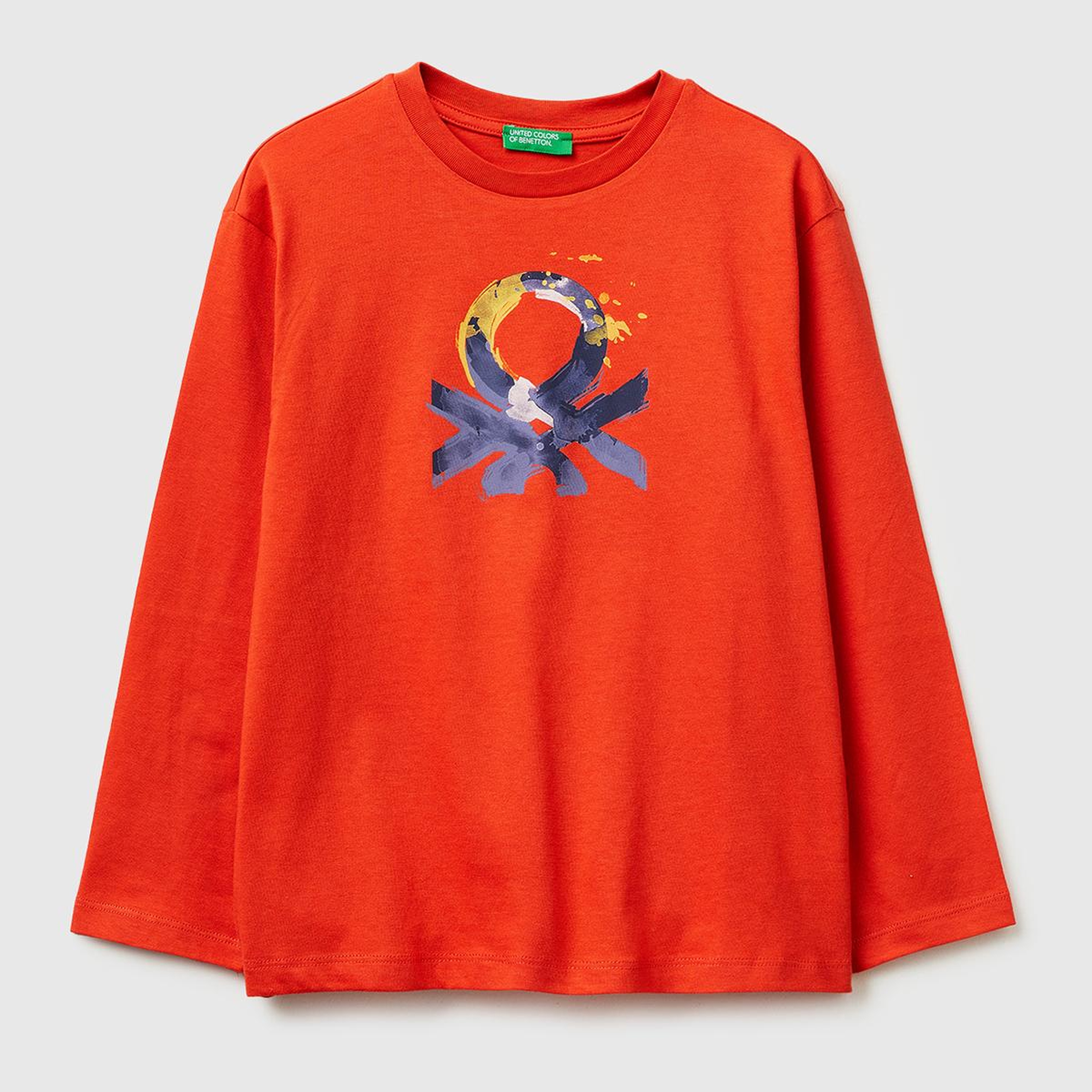 Erkek Çocuk Kırmızı Önü Logo Baskılı Bisiklet Yaka Uzun Kollu T-Shirt