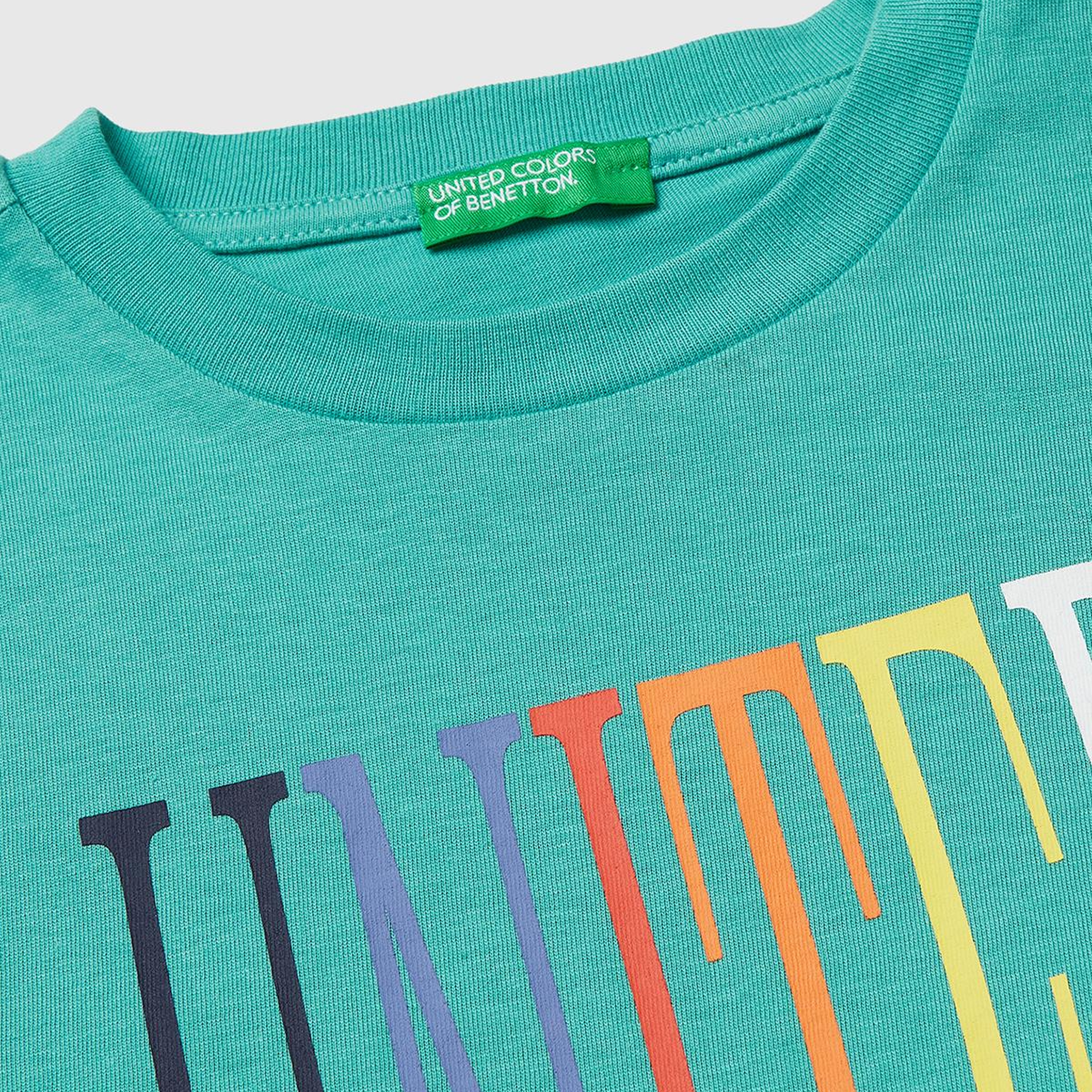 Erkek Çocuk Mavi-yeşil Önü Logo Baskılı Bisiklet Yaka T-Shirt