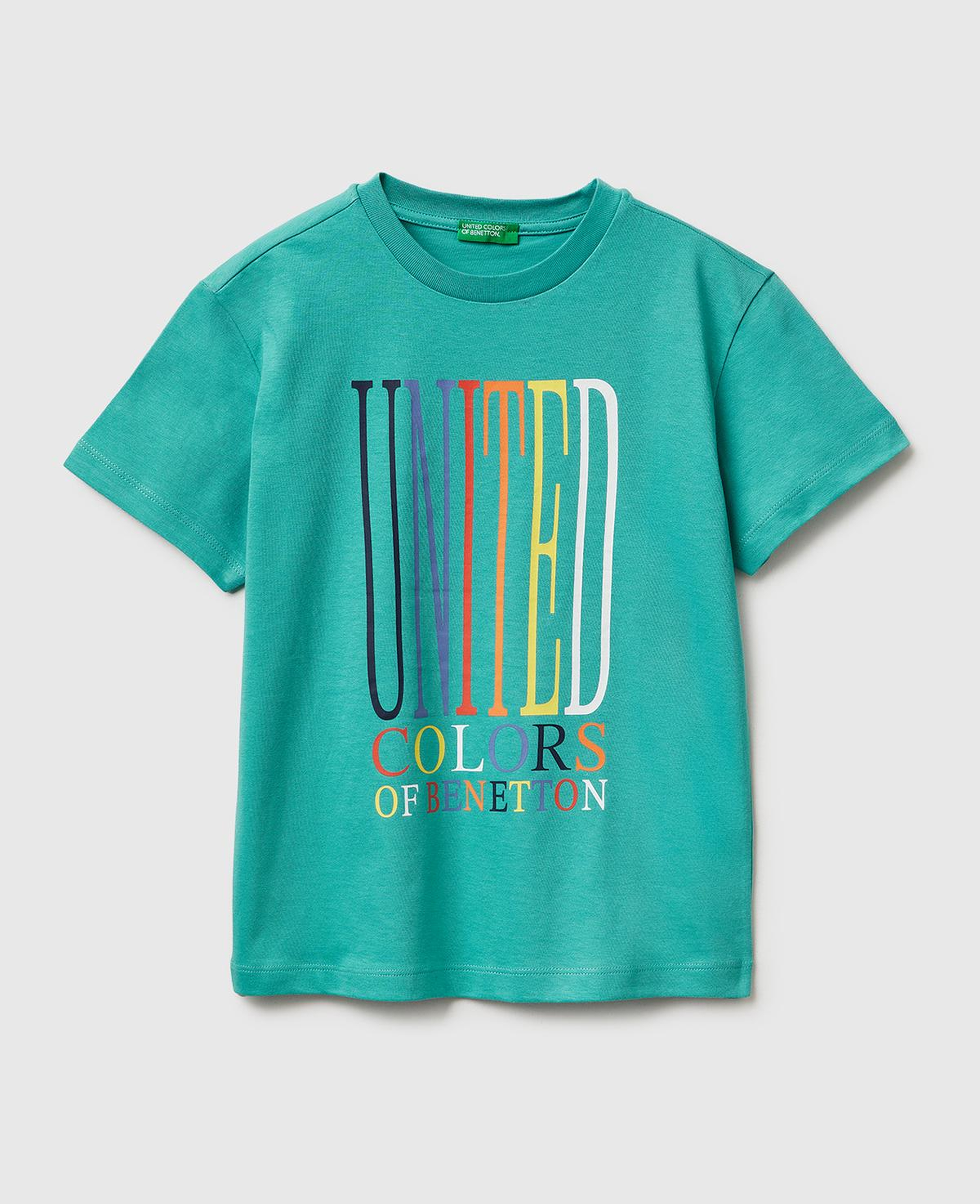 Erkek Çocuk Mavi-yeşil Önü Logo Baskılı Bisiklet Yaka T-Shirt