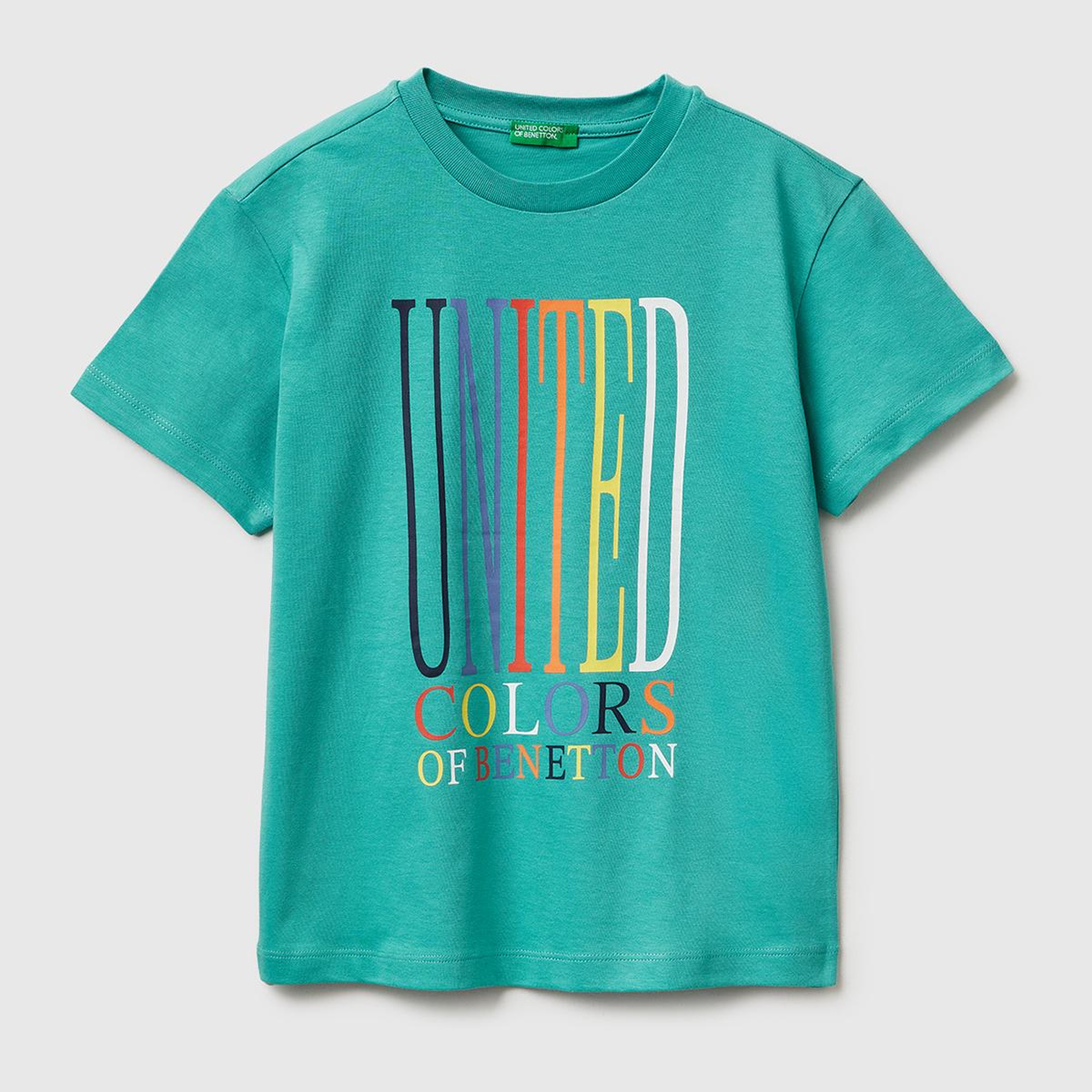 Erkek Çocuk Mavi-yeşil Önü Logo Baskılı Bisiklet Yaka T-Shirt