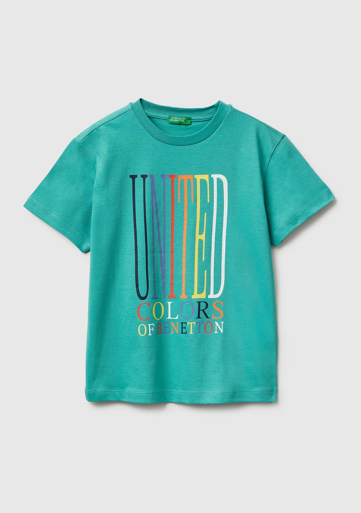 Erkek Çocuk Mavi-yeşil Önü Logo Baskılı Bisiklet Yaka T-Shirt