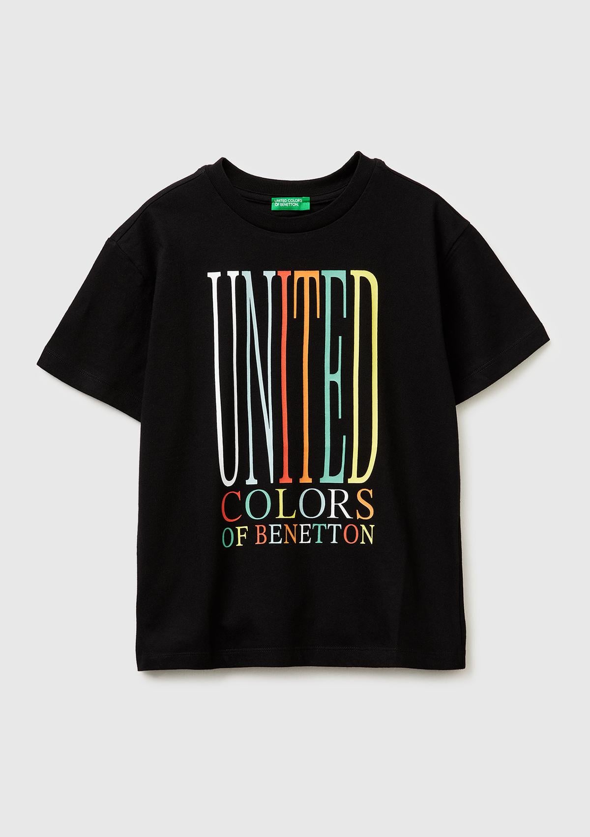 Erkek Çocuk Siyah Önü Logo Baskılı Bisiklet Yaka T-Shirt