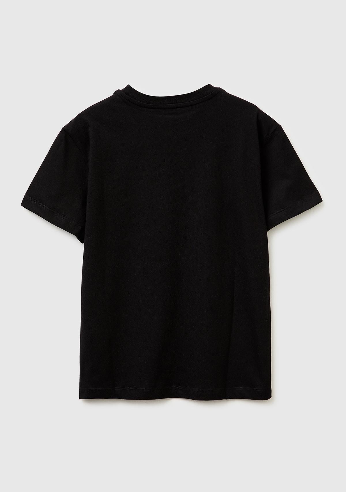 Erkek Çocuk Siyah Önü Logo Baskılı Bisiklet Yaka T-Shirt