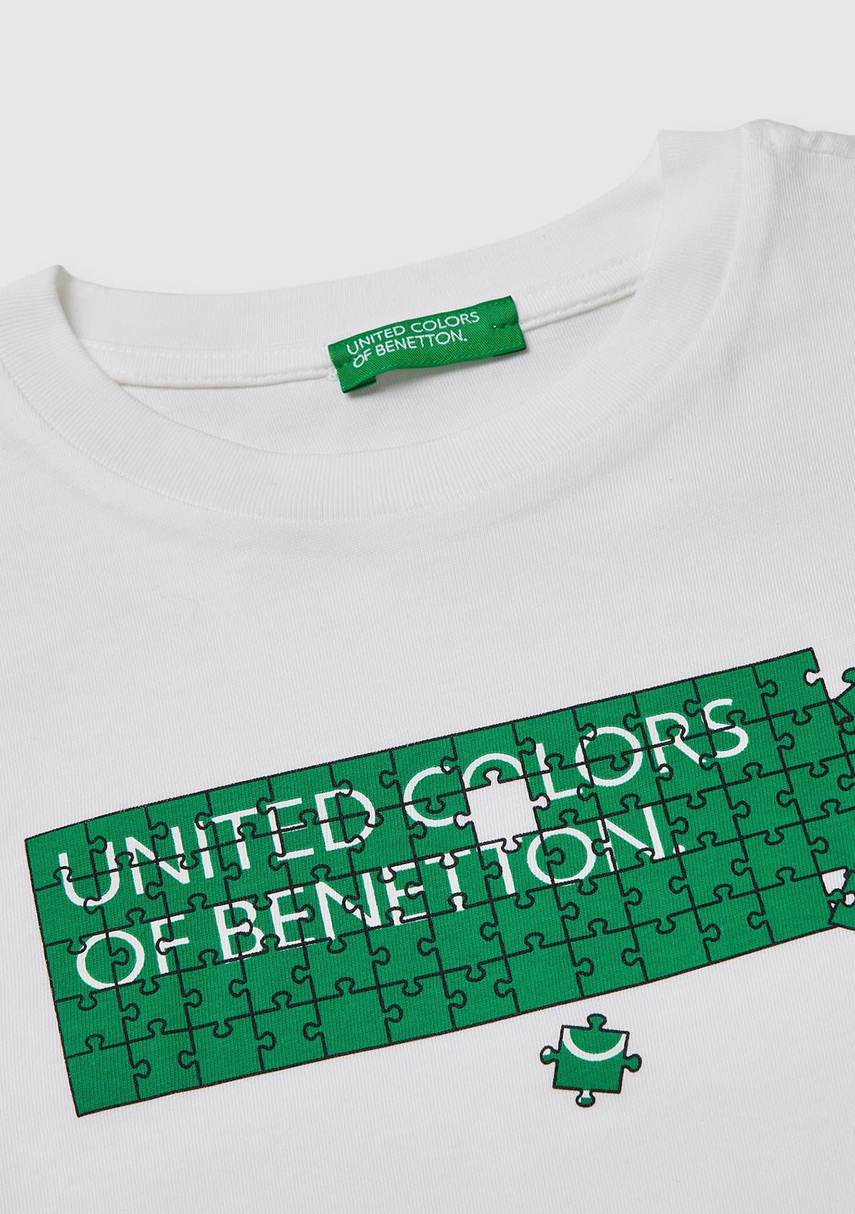 Erkek Çocuk Beyaz Önü Logo Baskılı Bisiklet Yaka T-Shirt