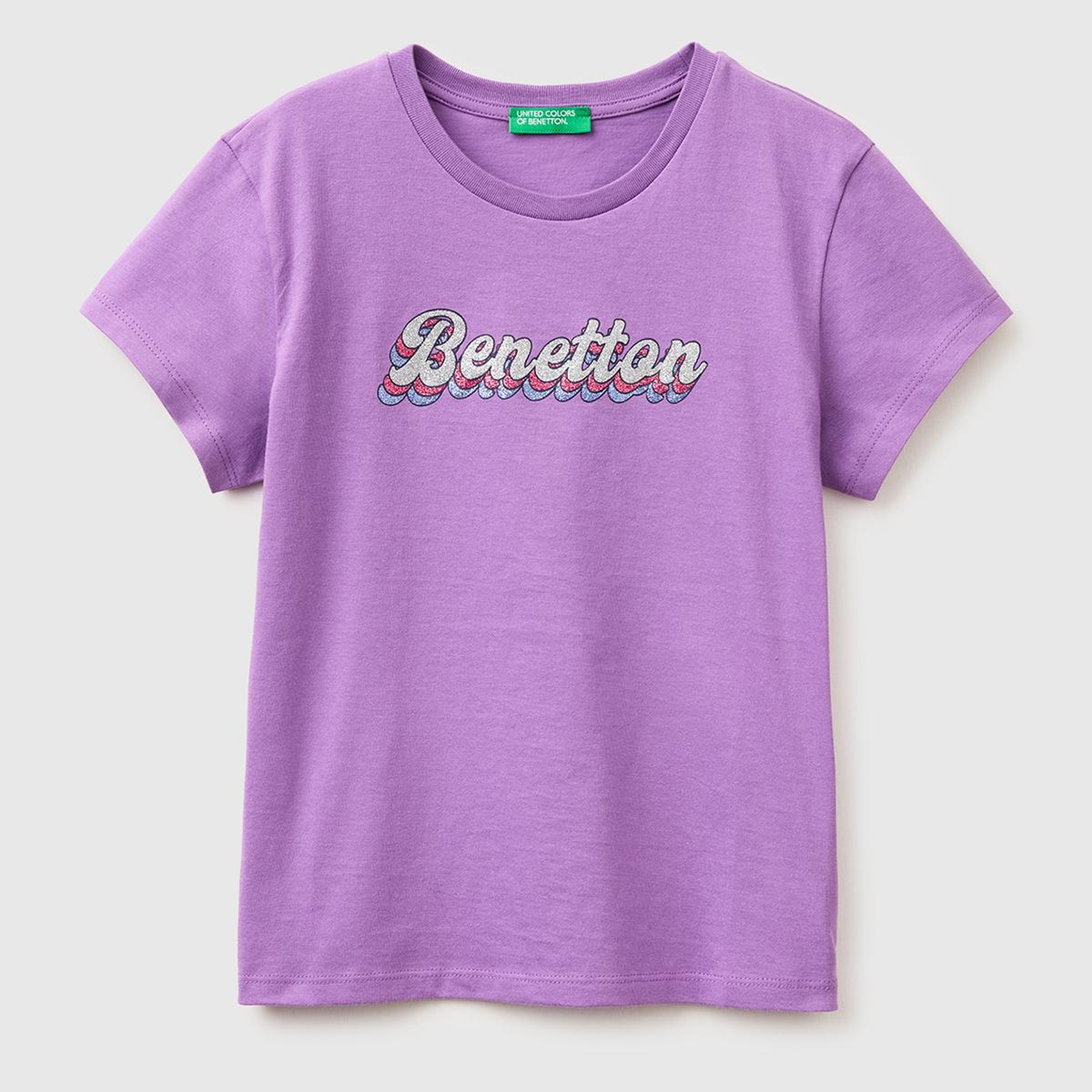Kız Çocuk Mor Simli Logolu Bisiklet Yaka T-Shirt