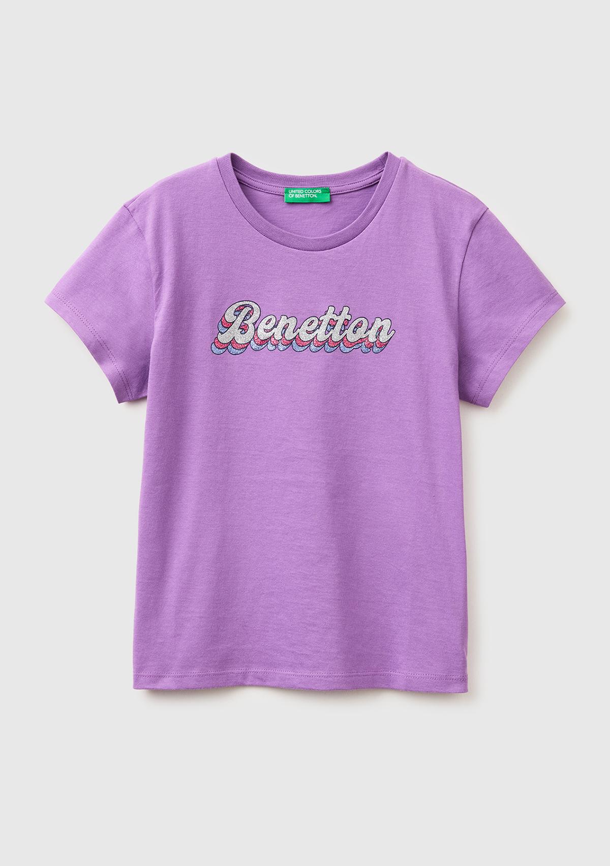 Kız Çocuk Mor Simli Logolu Bisiklet Yaka T-Shirt