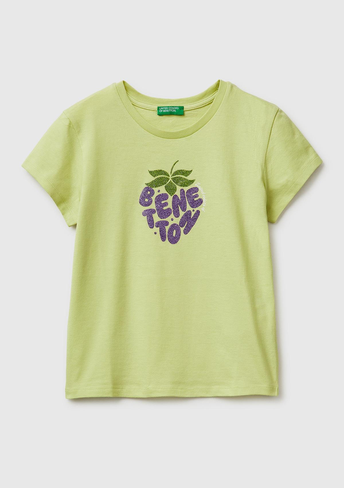 Kız Çocuk Sarı Simli Logolu Bisiklet Yaka T-Shirt
