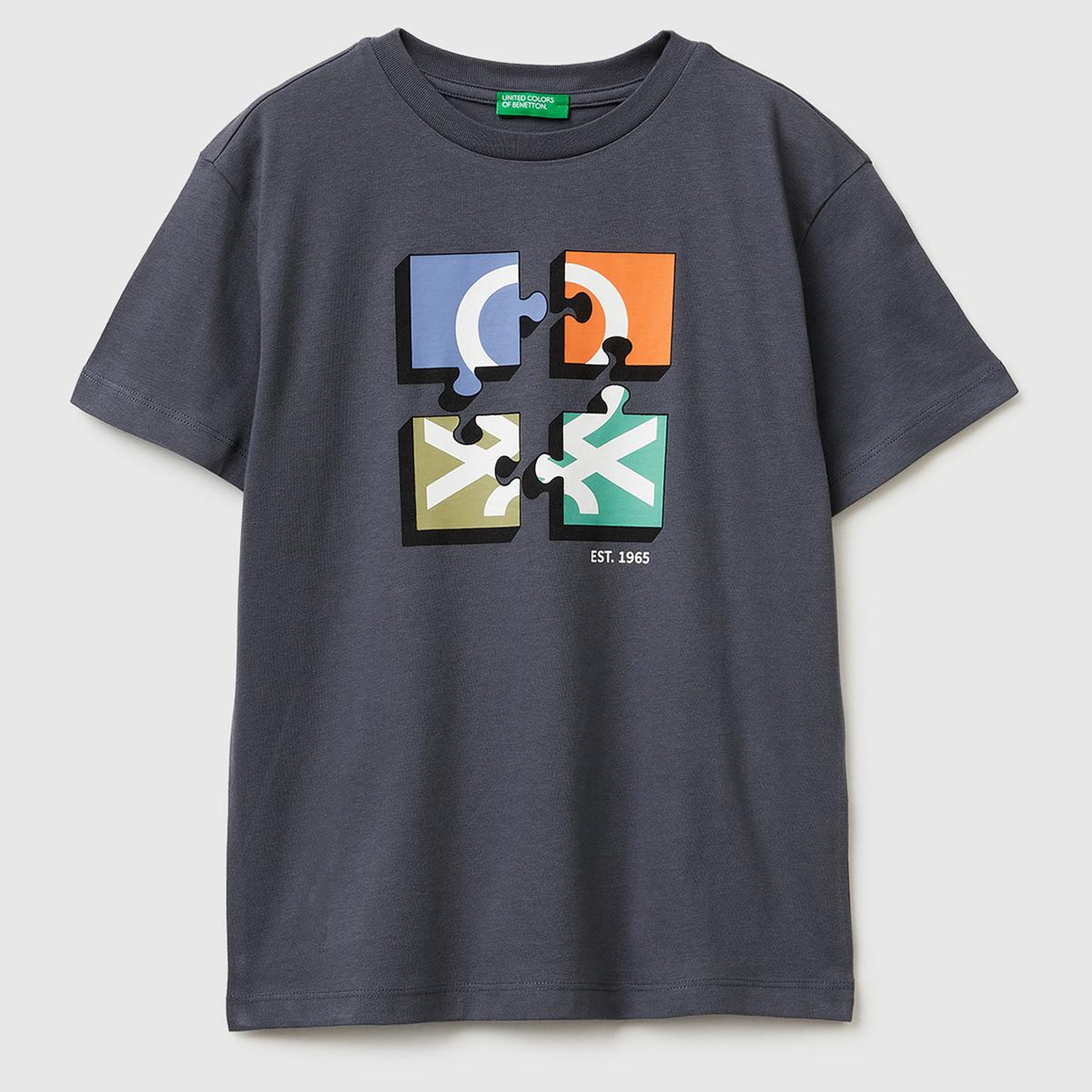 Erkek Çocuk Antrasit Önü Logo Baskılı Bisiklet Yaka T-Shirt