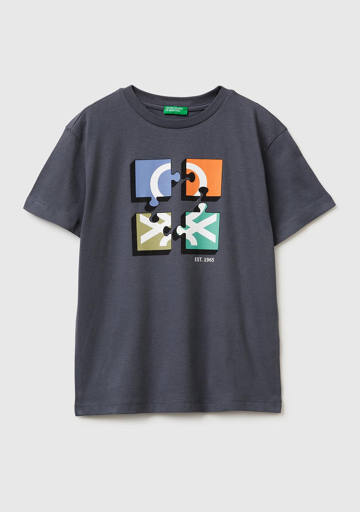 Erkek Çocuk Antrasit Önü Logo Baskılı Bisiklet Yaka T-Shirt