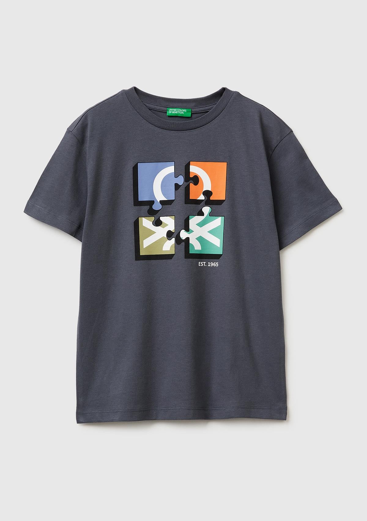 Erkek Çocuk Antrasit Önü Logo Baskılı Bisiklet Yaka T-Shirt