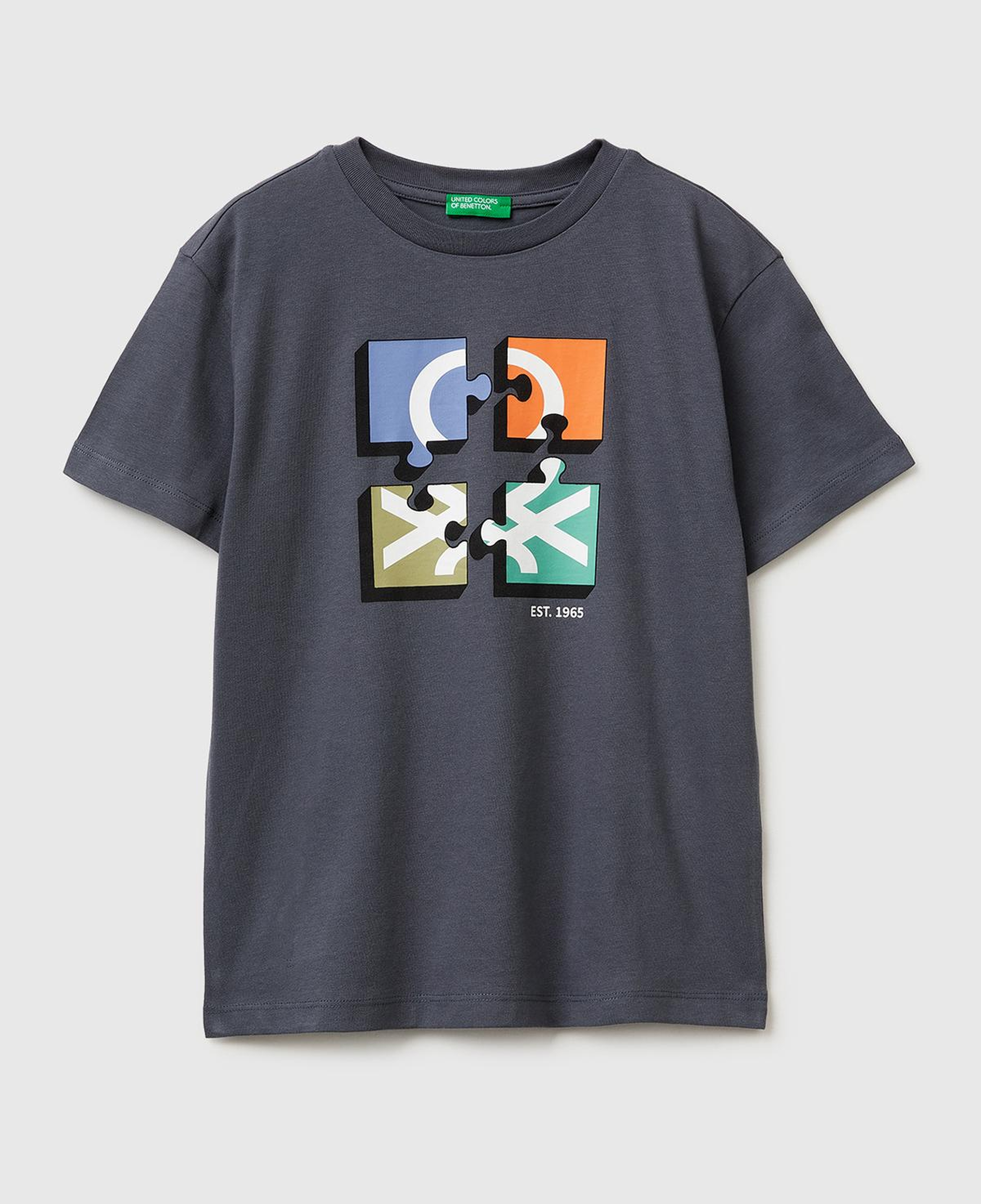 Erkek Çocuk Antrasit Önü Logo Baskılı Bisiklet Yaka T-Shirt