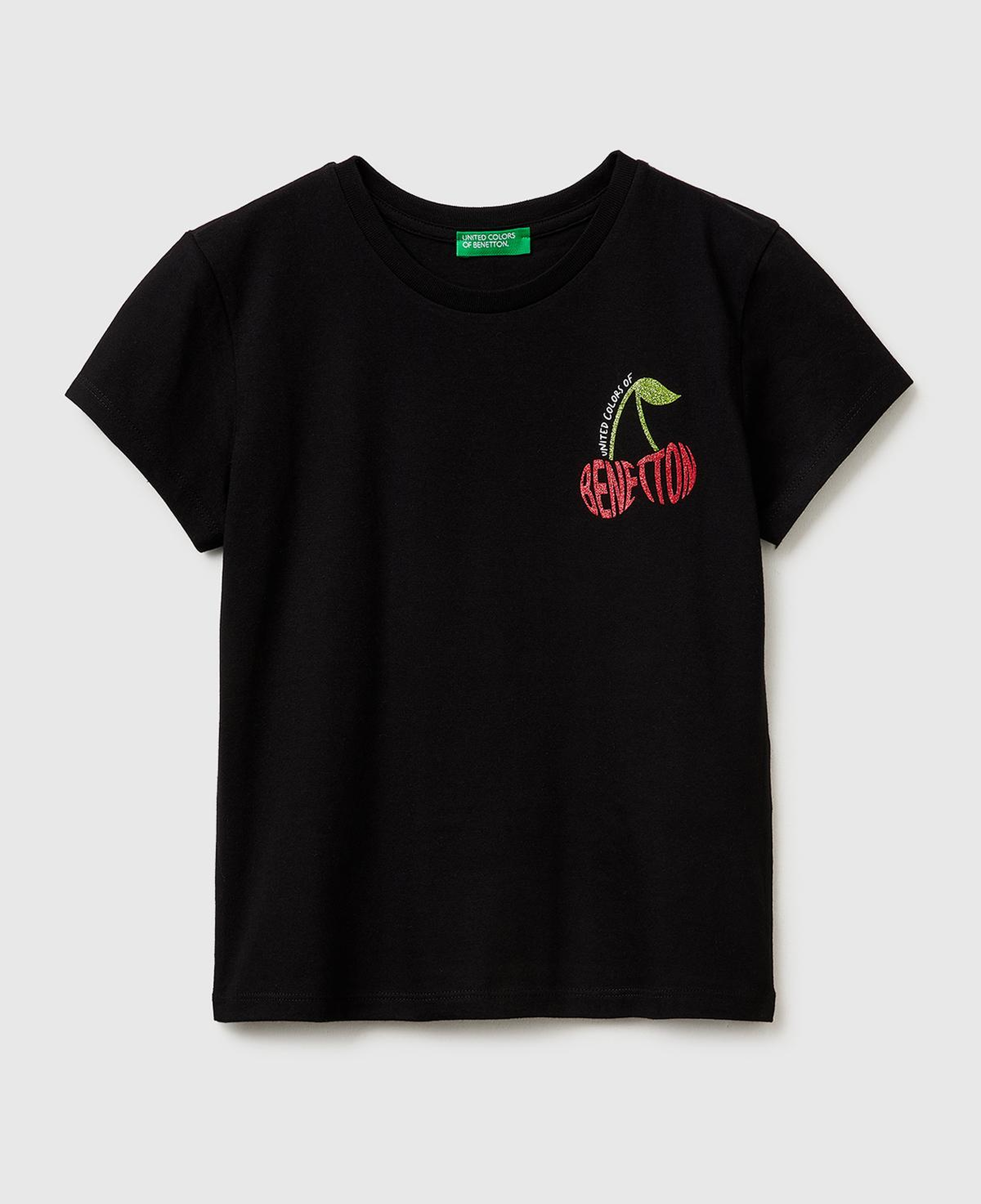 Kız Çocuk Siyah Simli Logolu Bisiklet Yaka T-Shirt
