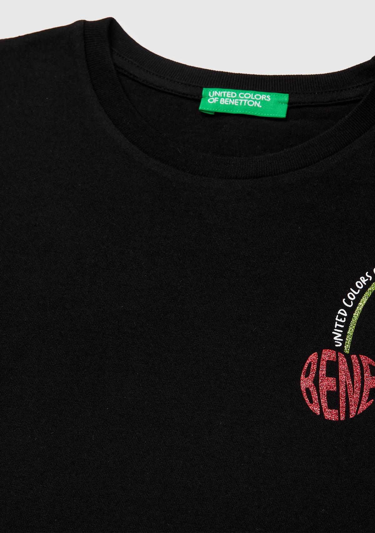 Kız Çocuk Siyah Simli Logolu Bisiklet Yaka T-Shirt