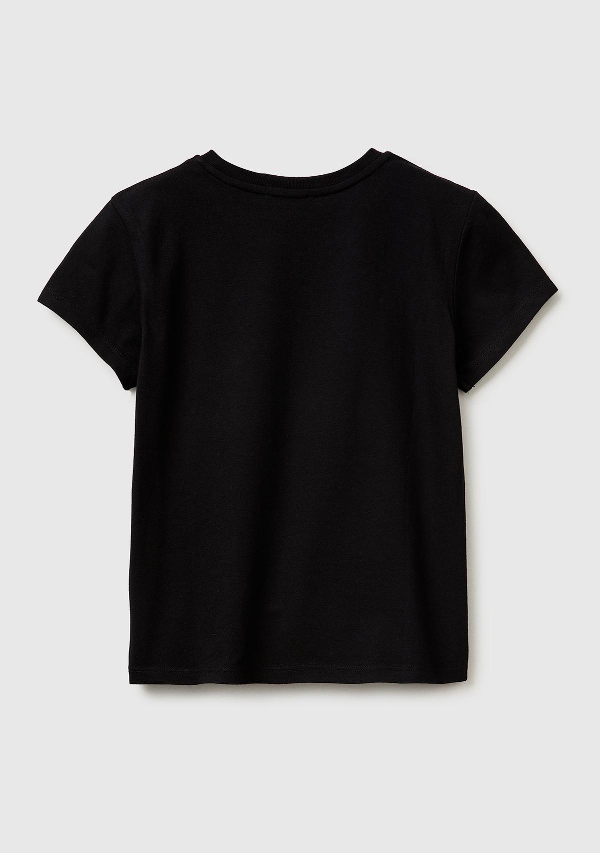 Kız Çocuk Siyah Simli Logolu Bisiklet Yaka T-Shirt