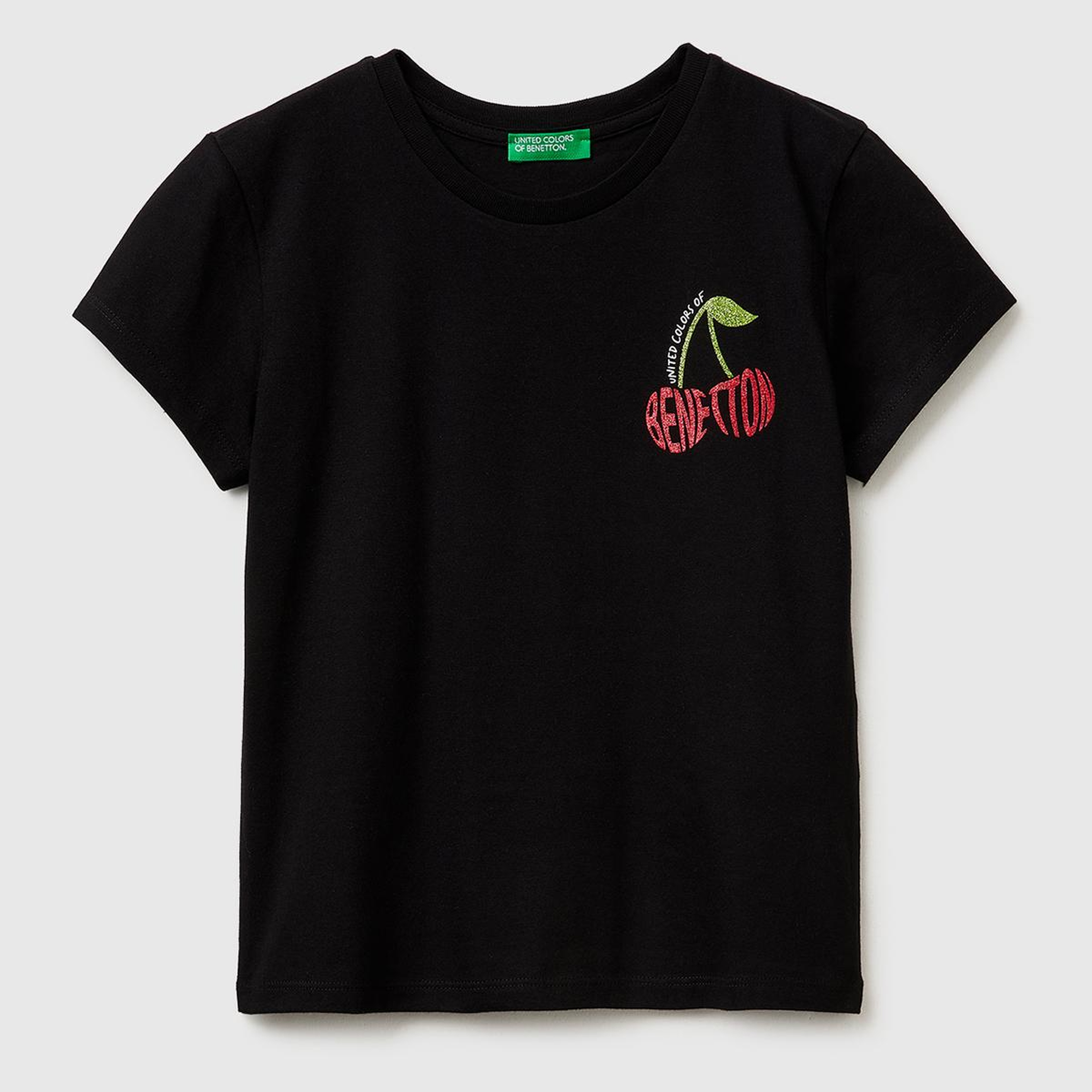 Kız Çocuk Siyah Simli Logolu Bisiklet Yaka T-Shirt