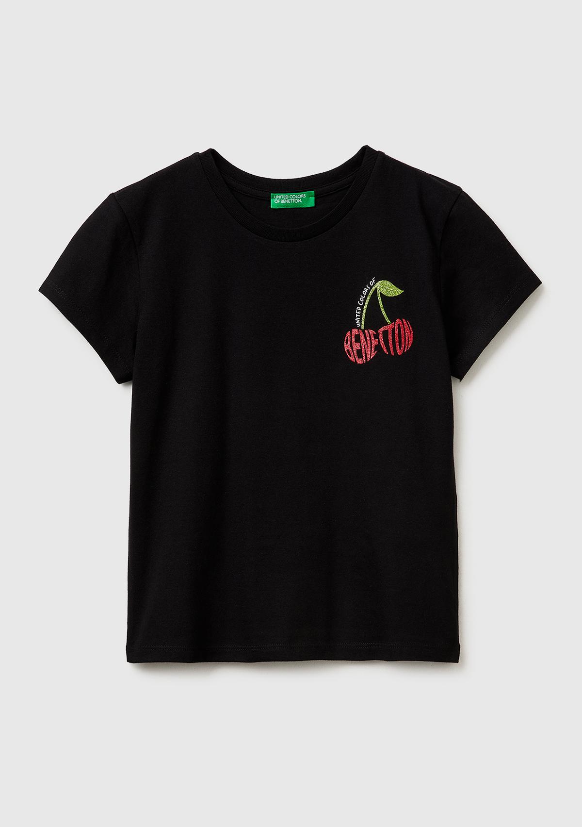 Kız Çocuk Siyah Simli Logolu Bisiklet Yaka T-Shirt