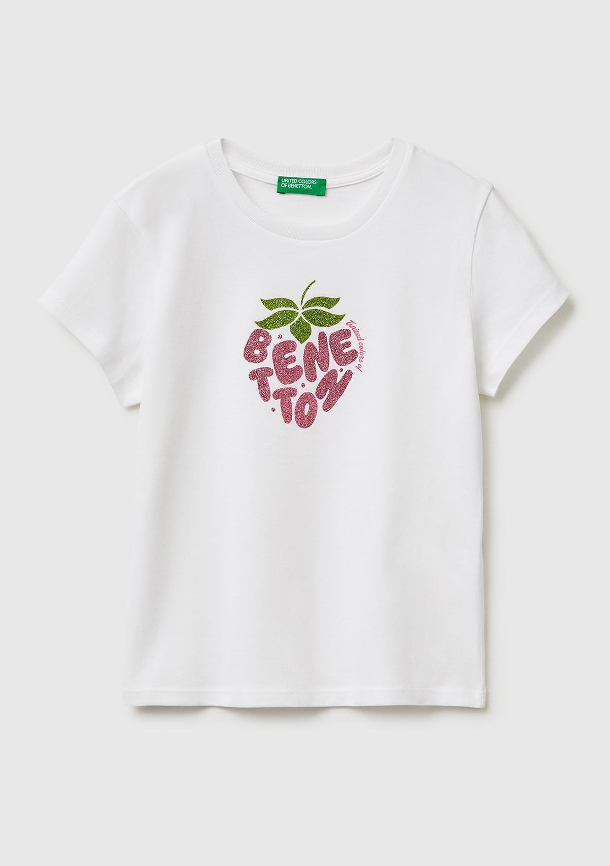 Kız Çocuk Beyaz Simli Logolu Bisiklet Yaka T-Shirt
