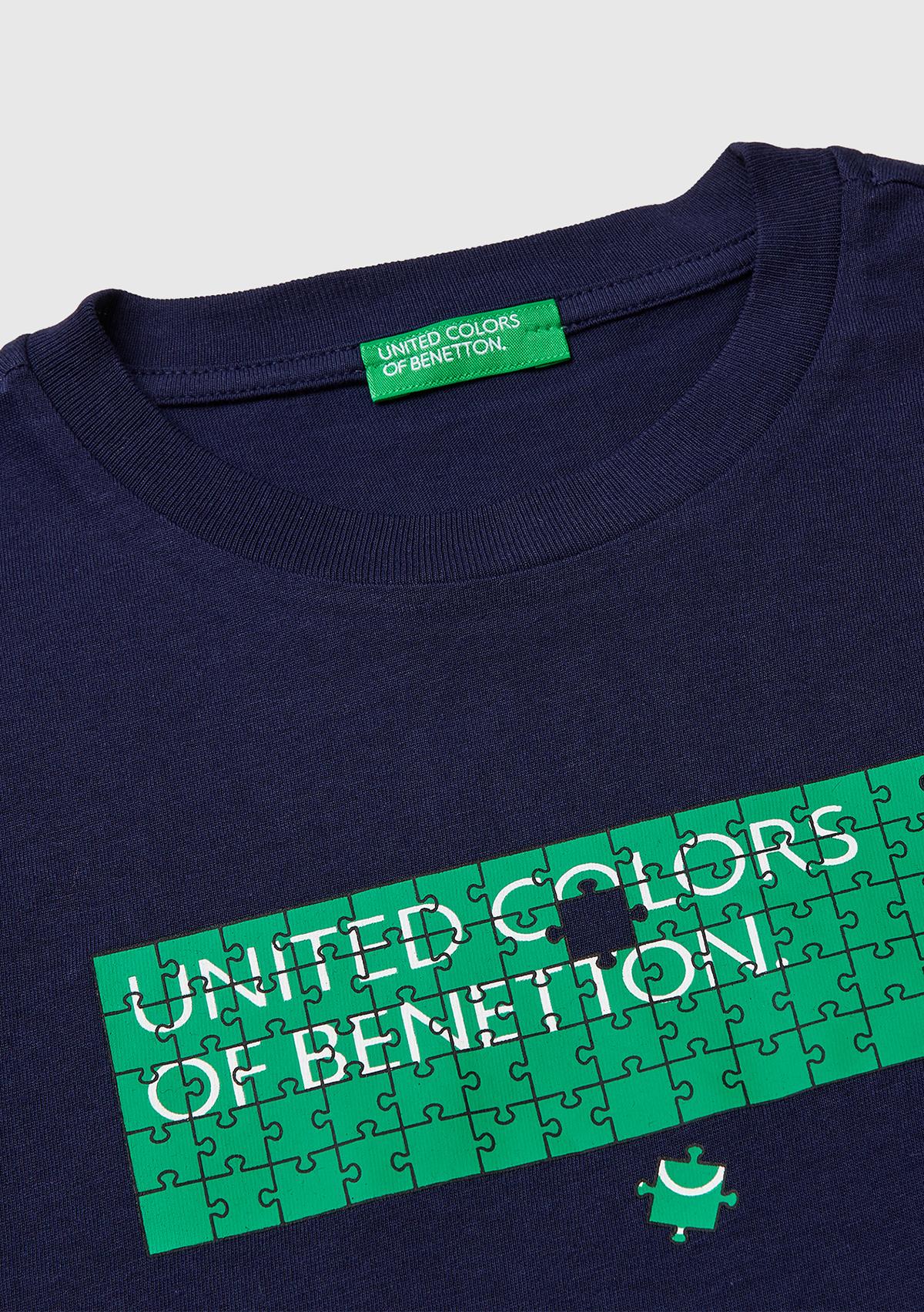 Erkek Çocuk Lacivert Önü Logo Baskılı Bisiklet Yaka T-Shirt