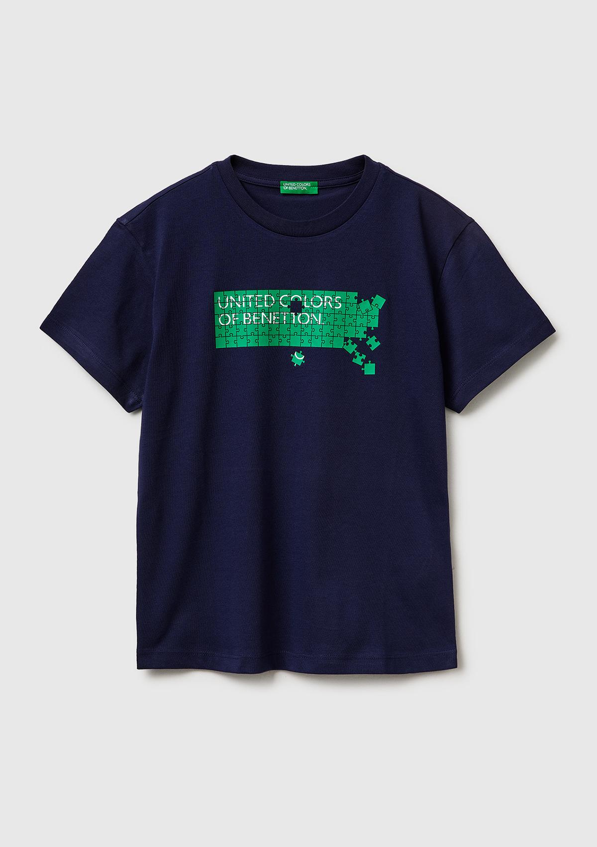 Erkek Çocuk Lacivert Önü Logo Baskılı Bisiklet Yaka T-Shirt