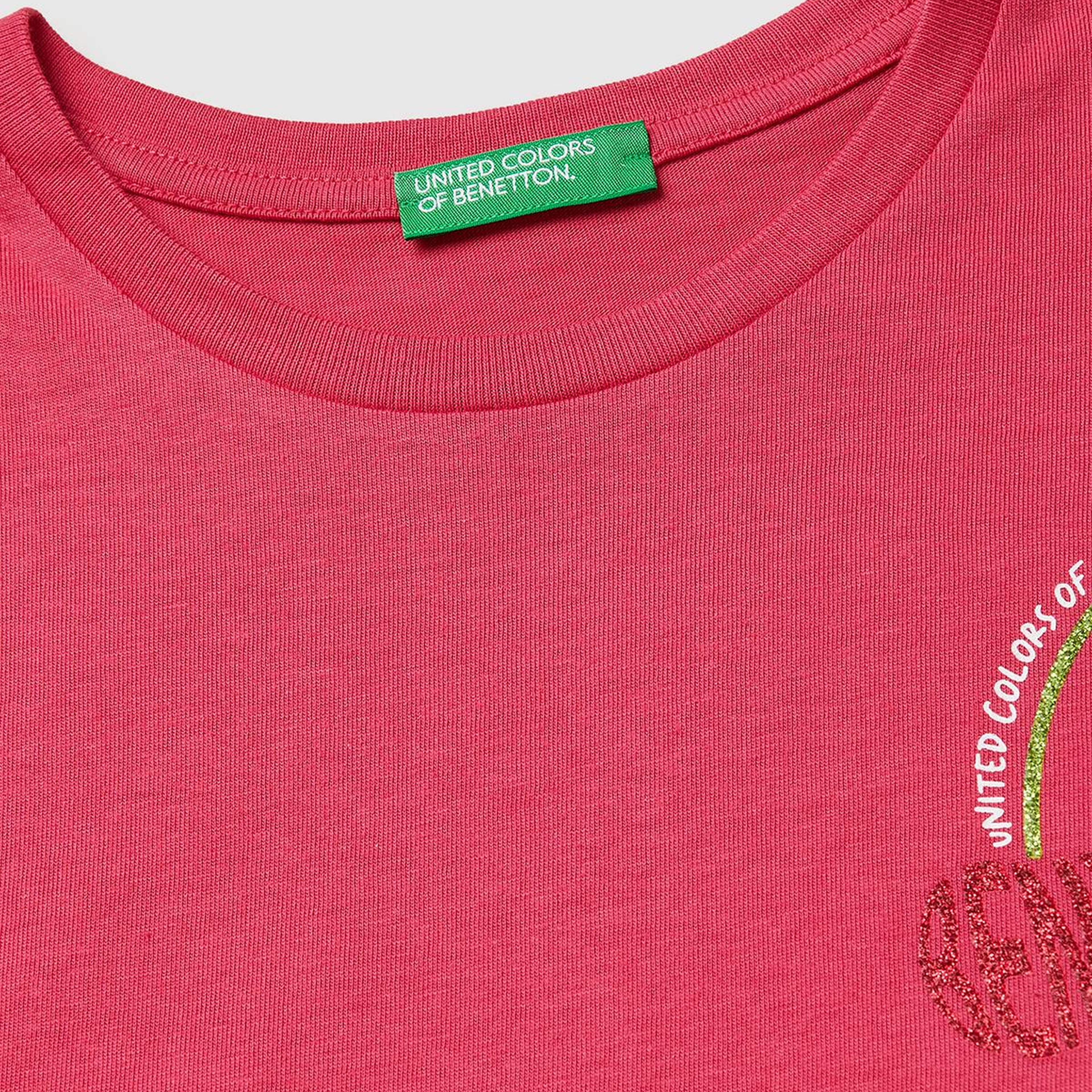 Kız Çocuk Koyu Pembe Simli Logolu Bisiklet Yaka T-Shirt