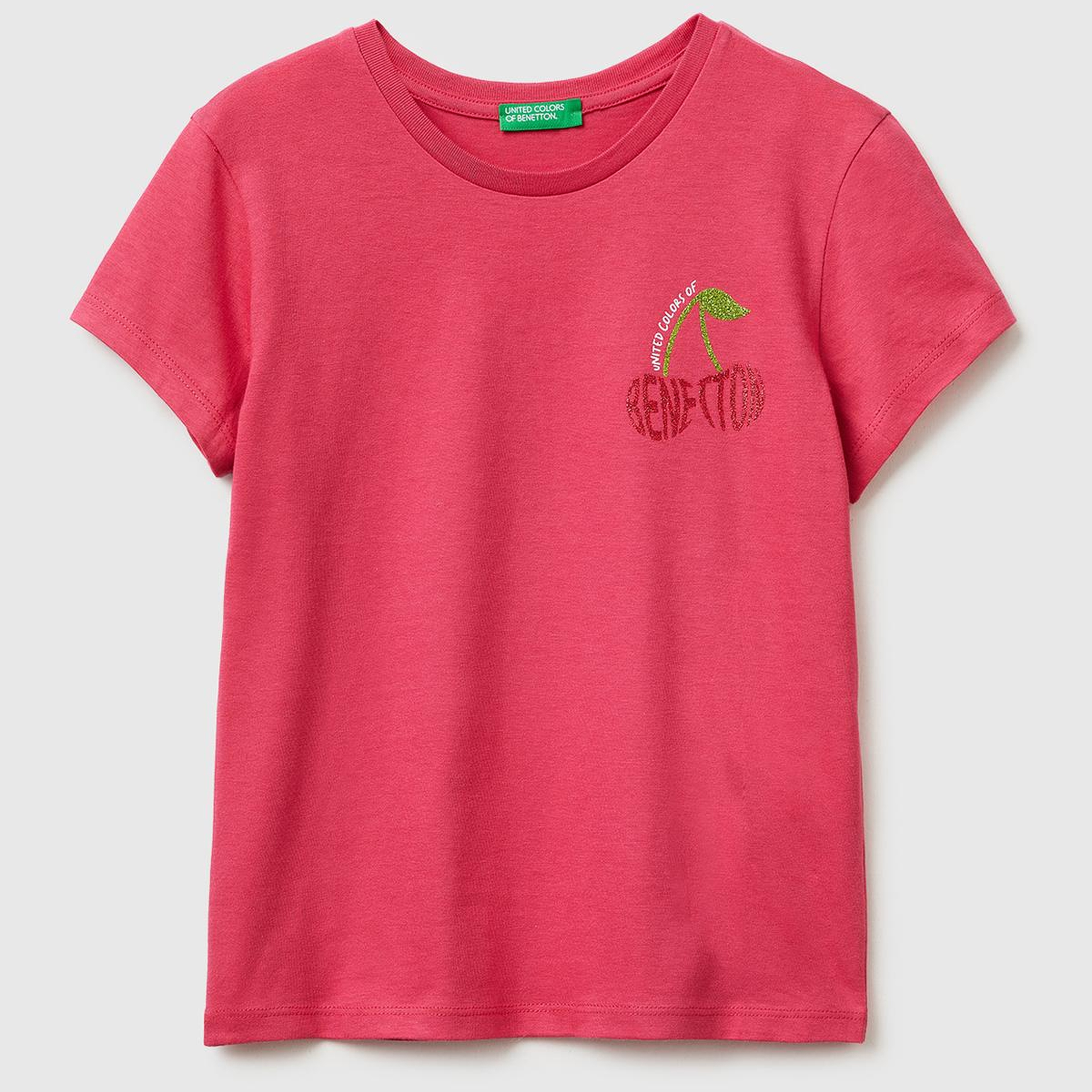 Kız Çocuk Koyu Pembe Simli Logolu Bisiklet Yaka T-Shirt