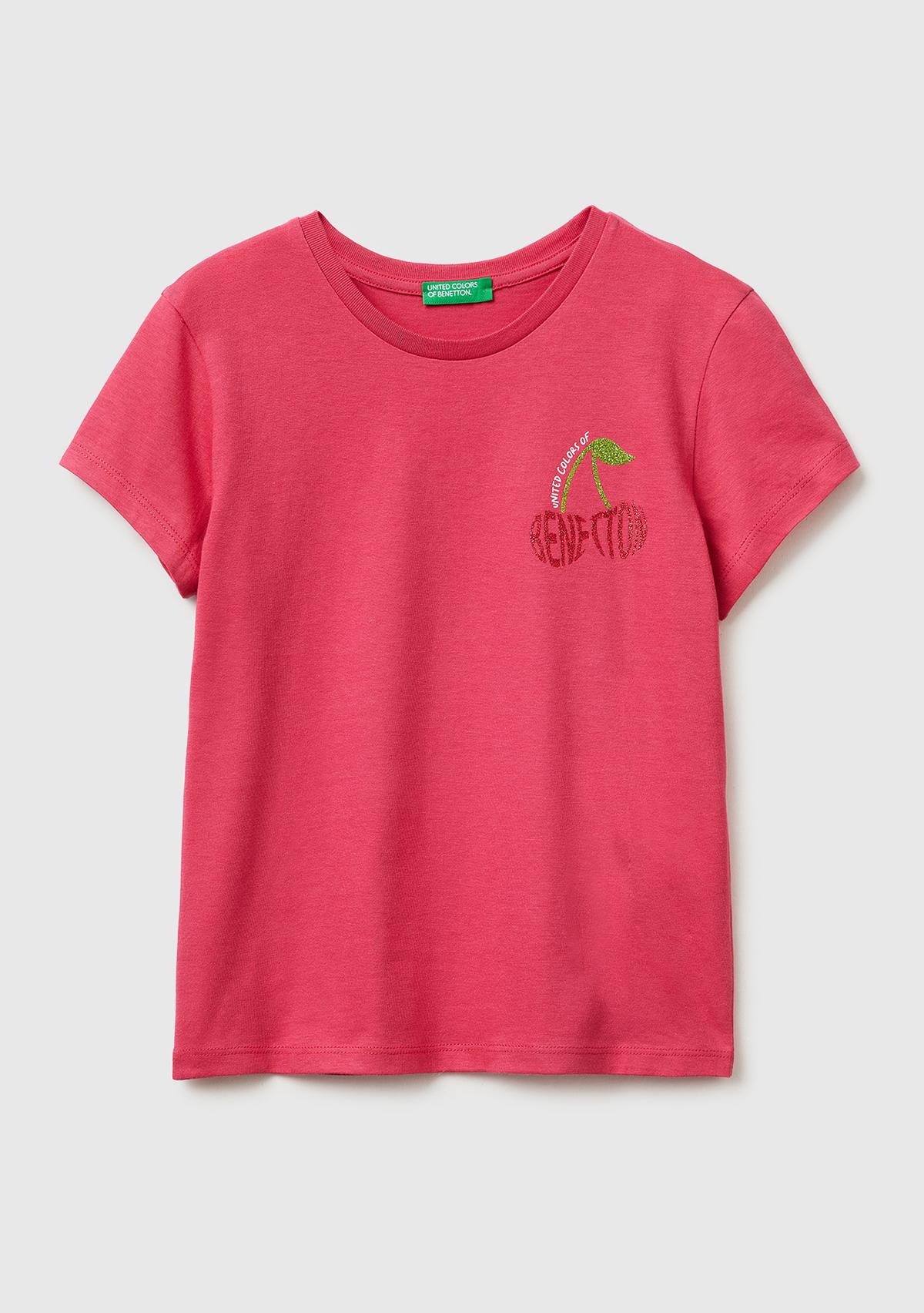 Kız Çocuk Koyu Pembe Simli Logolu Bisiklet Yaka T-Shirt