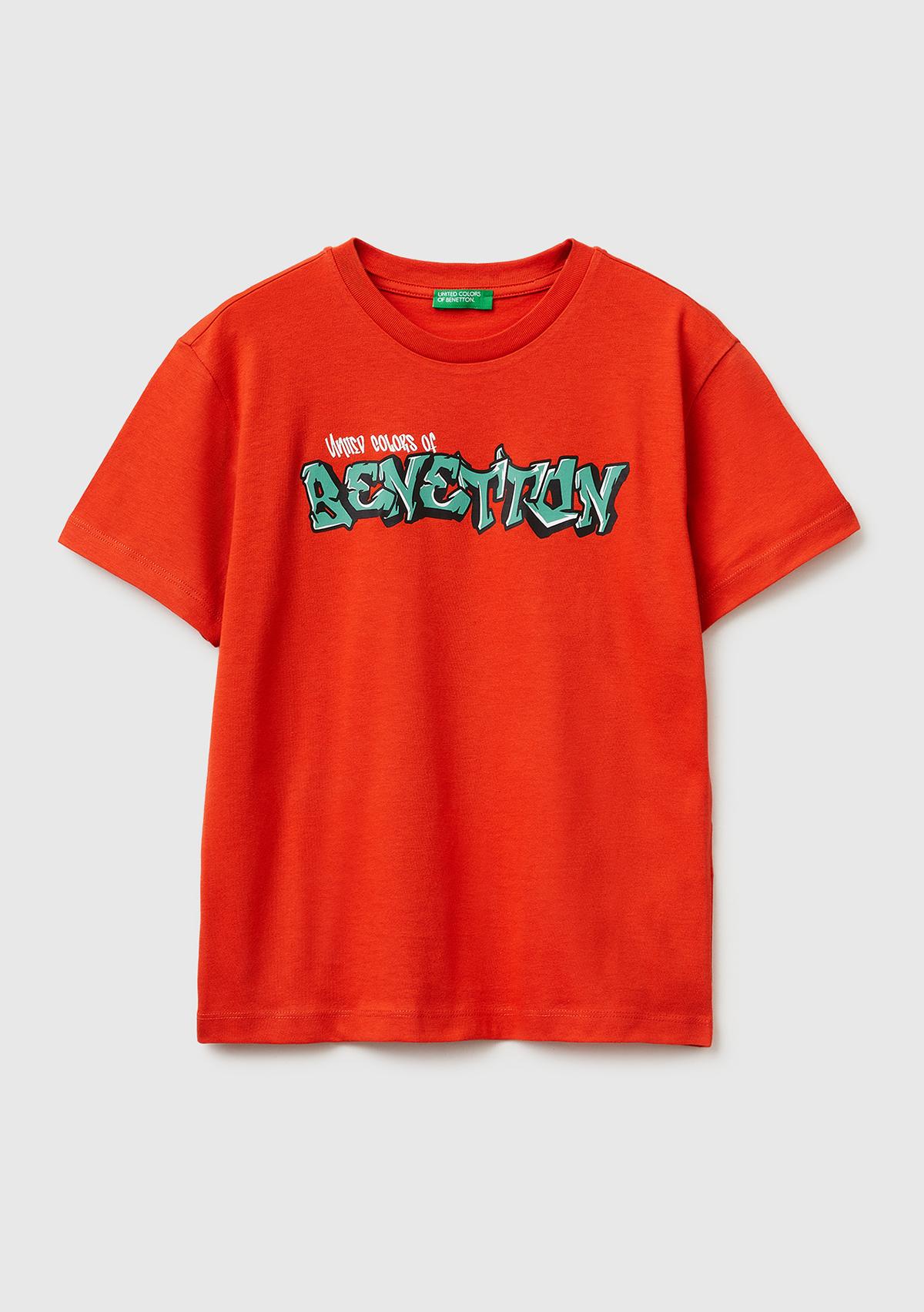 Erkek Çocuk Kırmızı Önü Logo Baskılı Bisiklet Yaka T-Shirt