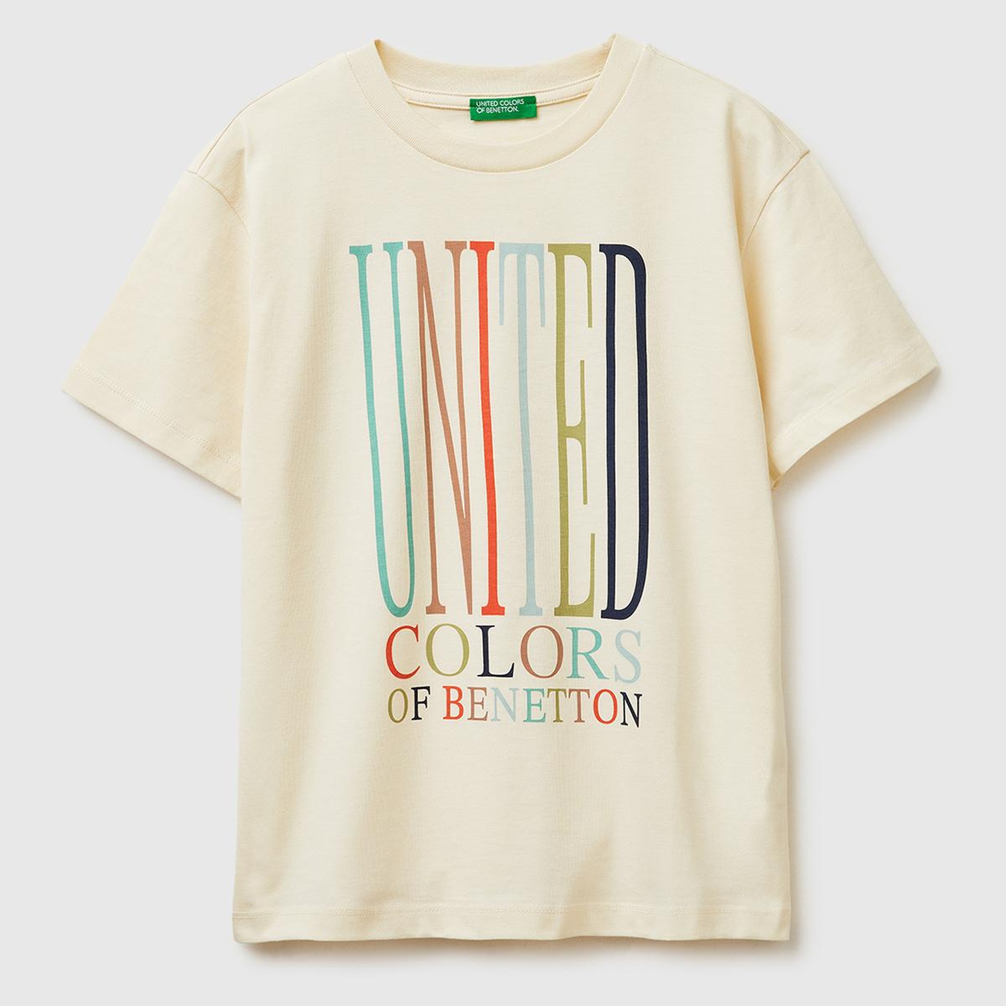 Erkek Çocuk Krem Önü Logo Baskılı Bisiklet Yaka T-Shirt