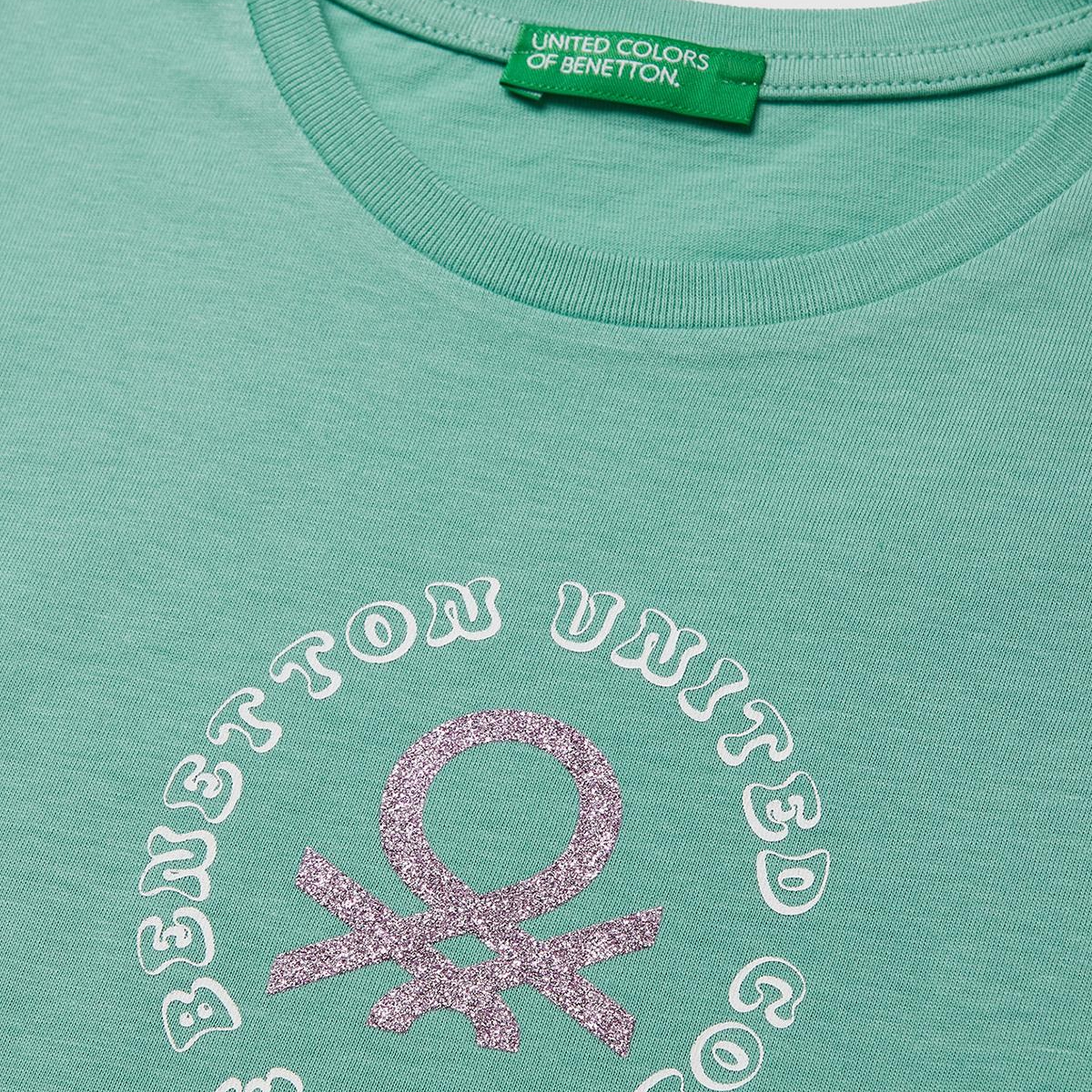 Kız Çocuk Mint Simli Logolu Bisiklet Yaka T-Shirt