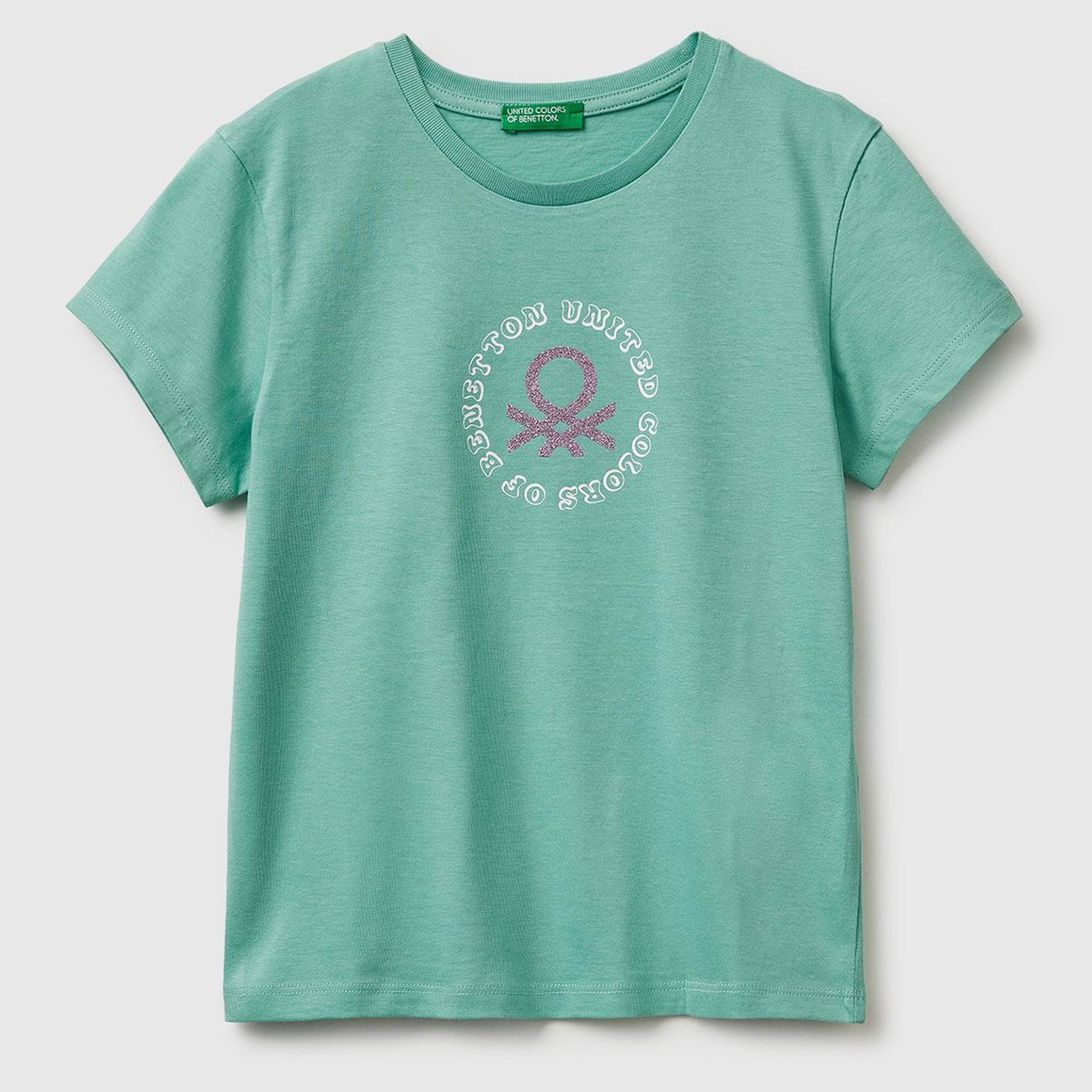 Kız Çocuk Mint Simli Logolu Bisiklet Yaka T-Shirt