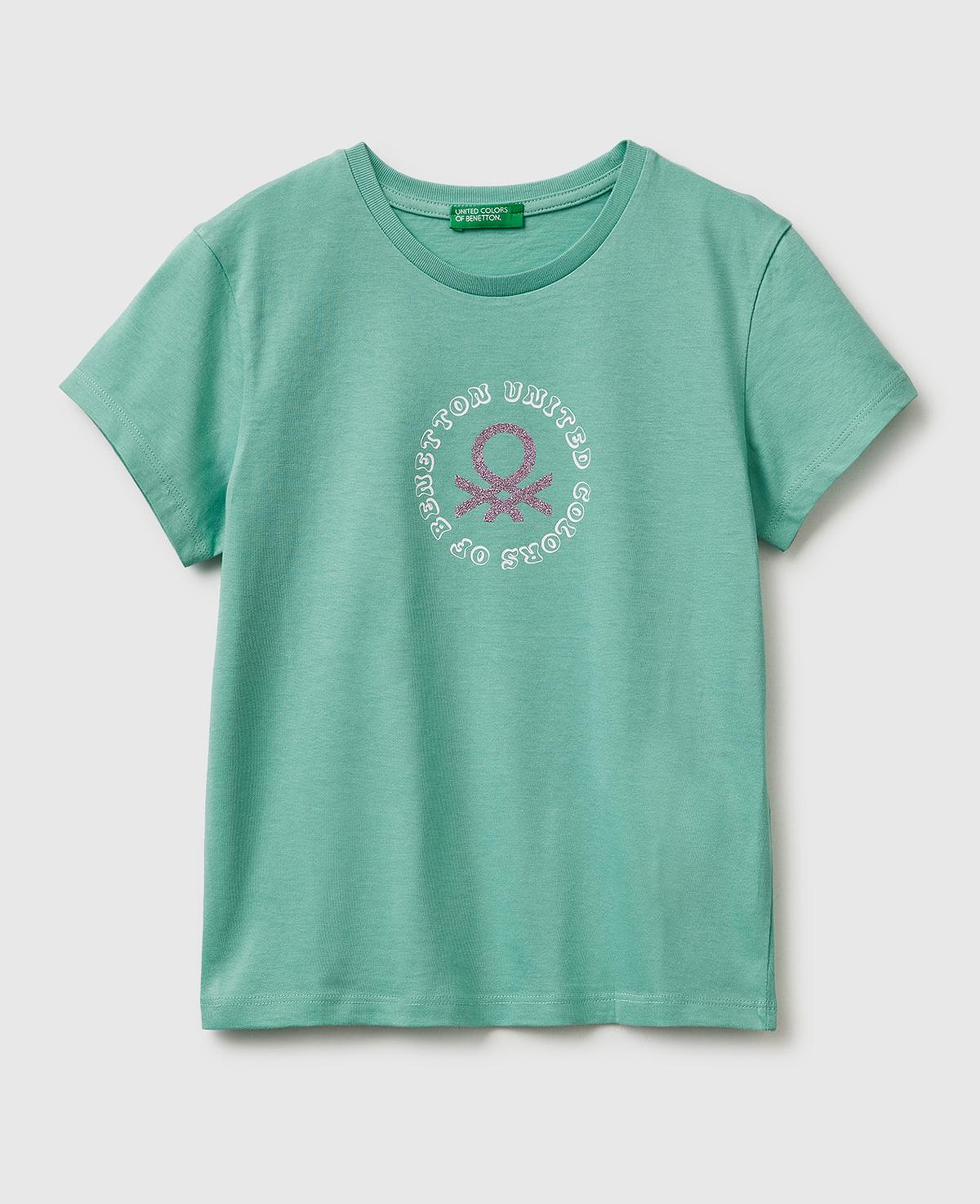 Kız Çocuk Mint Simli Logolu Bisiklet Yaka T-Shirt